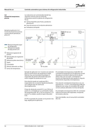 Manual de uso Controles automáticos para sistemas de refrigeración industriales
50 DKRCI.PA.000.C2.05 / 520H1829 © Danfoss A/S (RA Marketing/MWA), 12 - 2007
5.6
Control de temperatura
precisa
Las soluciones son suministradas donde hay
requisitos estrictos para el control de
temperatura exacta en plantas de refrigeración.
Por ej.:
Cámara frigorífica para frutas y productos
alimenticios
Areas de proceso en la industria alimenticia
Enfriadores de liquido
Ejemplo de aplicación 5.6.1:
Control de temperatura precisa
usando válvula operada por
piloto ICS
�
ICS
� S1:CVQ
�
S2:CVP
�
P:A+B
SVA
Evaporador
� AKS 21
� EKC 361
Del separador
de líquido
� FA+EVRA
SVA REG SVA
Al separador
de líquido
Danfoss
Tapp_0072_05
11-2006
Ejemplo de aplicación 5.6.1 muestra una solución
para el control exacto de temperatura media.
Además, hay una necesidad de proteger el
evaporador de presión demasiado baja para
evitar congelar los productos en uso.
Esta solución puede ser usada para DX o
evaporadores de circulación líquida bombeados
con cualquier tipo de sistema de
descongelamiento.
El tipo de válvula de control ICS 3 con CVQ en el
puerto S2, controlada por un controlador medio
de temperatura EKC 361 y CVP en el puerto S1. El
puerto P es aislado, usando el tapón obturador
A+B.
El CVP es ajustado de acuerdo con la presión más
baja, dejada para la aplicación.
El controlador de temperatura media EKC 361
controlará la temperatura en la aplicación al nivel
deseado, al controlar la abertura de la válvula
piloto CVQ y por esa razón, controlando la
presión de evaporización para igualar la carga de
enfriamiento requerida y la temperatura.
Esta solución controlará la temperatura con una
precisión de +/- 0.25°C. Si la temperatura falla por
debajo de este rango, el controlador EKC puede
cerrar la válvula solenoide en la línea de líquido.
El controlador de temperatura EKC 361 controlará
todas las funciones del evaporador, incluyendo
termostato y alarmas.
Para más detalles, vea el manual del controlador
EKC 361.
➀	Válvula de regulación de
	 presión
➁	Válvula piloto de regulación
	 de presión
➂	Válvula de piloto electrónico
➃	Tapón
➄	Controlador
➅	Válvula solenoide con filtro
➆	Sensor de temperatura
Mezcla de líquido/vapor
de refrigerante
Refrigerante líquido
de baja presión (LP)
 
