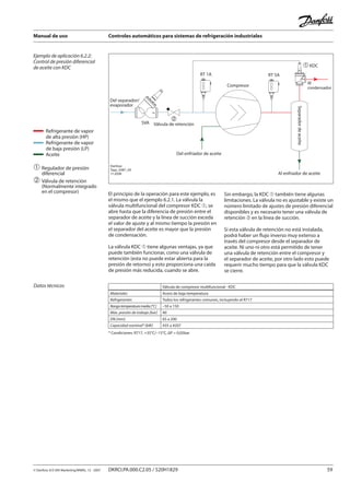 Manual de uso Controles automáticos para sistemas de refrigeración industriales
© Danfoss A/S (RA Marketing/MWA), 12 - 2007 DKRCI.PA.000.C2.05 / 520H1829 59
Ejemplo de aplicación 6.2.2:
Control de presión diferencial
de aceite con KDC
Del separador/
evaporador
SVA
Compresor
RT 1A RT 5A
� KDC
Separadordeaceite
Al
condensador
Del enfriador de aceite
Al enfriador de aceite
�
Válvula de retención
Danfoss
Tapp_0087_05
11-2006
El principio de la operación para este ejemplo, es
el mismo que el ejemplo 6.2.1. La válvula la
válvula multifuncional del compresor KDC ➀, se
abre hasta que la diferencia de presión entre el
separador de aceite y la línea de succión exceda
el valor de ajuste y al mismo tiempo la presión en
el separador del aceite es mayor que la presión
de condensación.
La válvula KDC ➀ tiene algunas ventajas, ya que
puede también funcionar, como una válvula de
retención (esta no puede estar abierta para la
presión de retorno) y esto proporciona una caída
de presión más reducida, cuando se abre.
Sin embargo, la KDC ➀ también tiene algunas
limitaciones. La válvula no es ajustable y existe un
número limitado de ajustes de presión diferencial
disponibles y es necesario tener una válvula de
retención ➁ en la línea de succión.
Si esta válvula de retención no está instalada,
podrá haber un flujo inverso muy extenso a
través del compresor desde el separador de
aceite. Ni uno ni otro está permitido de tener
una válvula de retención entre el compresor y
el separador de aceite, por otro lado esto puede
requerir mucho tiempo para que la válvula KDC
se cierre.
➀	Regulador de presión
	 diferencial
➁	Válvula de retención
	 (Normalmente integrado
	 en el compresor)
Datos técnicos
* Condiciones: R717, +35°C/–15°C, ΔP = 0,05bar
Válvula de compresor multifuncional - KDC
Materiales Acero de baja temperatura
Refrigerantes Todos los refrigerantes comunes, incluyendo el R717
Rangotemperaturamedia[°C] –50 a 150
Máx. presión de trabajo [bar] 40
DN [mm] 65 a 200
Capacidad nominal* [kW] 435 a 4207
Refrigerante de vapor
de alta presión (HP)
Refrigerante de vapor
de baja presión (LP)
Aceite
 