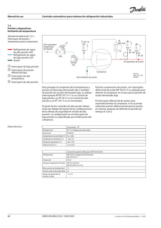 Manual de uso Controles automáticos para sistemas de refrigeración industriales
68 DKRCI.PA.000.C2.05 / 520H1829 © Danfoss A/S (RA Marketing/MWA), 12 - 2007
Ejemplo de aplicación 7.2.1:
Interruptor de presión /
temperatura para compresores
Compresor
Al separador de aceite
Del separador/
evaporador
de líquido
Del enfriador de aceite
SVA
FIA
� RT 1A
�
RT 5A
�
MP 55A
�
RT 107
Danfoss
Tapp_0101_05
09-2007
Para proteger el compresor de la temperatura y
presión de descarga demasiado alta o también
de presión de succión demasiado baja, se utilizan
interruptores KP/RT. RT1 A ➀ es un control de
baja presión, un RT 5A ➃ es un control de alta
presión y un RT 107 ➂ es un termostato.
El ajuste de los controles de alta presión deben
estar por debajo del ajuste de las configuraciones
de la válvula de seguridad en el lado de alta
presión. La configuración en el interruptor de
baja presión es especificado por el fabricante del
compresor.
Para los compresores de pistón, con interruptor
diferencial de aceite MP 54/55 ➁ es utilizado para
detener el compresor en el caso que la presión de
aceite demasiado baja.
El interruptor diferencial de aceite, para
automáticamente el compresor, si no acumula
suficiente presión diferencial durante la puesta
en marcha, después de definido el período de
tiempo (0-120 s).
➀	Interruptor de baja presión
➁	Interruptor de presión
	 diferencial baja
➂	Interruptor de alta
	 temperatura
➃	Interruptor de alta presión
Datos técnicos
7.2
Presión y dispositivos
limitantes de temperatura
Termostato - RT
Refrigerantes R717 y refrigerantes fluorados
Protección IP 66/54
Temperaturamáx,delbulbo[°C] 65 a 300,
Temperatura ambiente [°C] –50 a 70
Rango de regulación [°C] -60 a 150
Diferencial Δt [°C] 1,0 a 25,0
Control de presión diferencial- MP 54/55/55A
Refrigerantes MP 54/55: refrigerantes fluorados
MP 55A: R717
Protección IP 20
Rango de regulación ΔP [bar] MP 54: 0.65/0.9
MP 55/55A: 0,3 a 4,5
Máx. presión de trabajo [bar] 17
Presiónmáximadeprueba[bar] 22
Rango de operación en
el lado LP [bar]
–1 a 12
Refrigerante de vapor
de alta presión (HP)
Refrigerante de vapor
de baja presión (LP)
Aceite
 