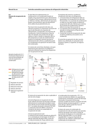 Manual de uso Controles automáticos para sistemas de refrigeración industriales
© Danfoss A/S (RA Marketing/MWA), 12 - 2007 DKRCI.PA.000.C2.05 / 520H1829 87
El calor libre de recalentamiento y/o
condensación en el condensador puede ser
exigido si hay requerimientos para calentamiento
en la planta. Éstos incluyen calentamiento de aire
en oficinas o tiendas, calentamiento de agua para
lavado o procesamiento, agua de alimentación
de la caldera de precalentamiento, etc.
Para hacer de la recuperación del calor, una
solución económica, es importante cerciorarse de
que el calor liberado y los requisitos de
calentamiento, corresponden a los términos de
coordinación, nivel de temperatura y flujo de
calor. Por ejemplo, para producción de agua
caliente, es decir, cuando es requerido calor en
alta temperatura, el calor de recalentamiento
puede ser recuperado; mientras que para el
calentamiento de la oficina, usualmente puede
ser considerada la recuperación de todo el calor
del condensador.
Un sistema de control bien diseñado, es de gran
importancia para operación sin problemas y
operación eficiente de sistemas de refrigeración
con recuperación de calor.
El propósito del control es coordinar la
recuperación del calor y la refrigeración:
1. 	La función básica de refrigeración debe ser
	 garantizada si la recuperación de calor está
	 funcionando o no. La presión de condensación
	 no debe ser muy alta cuando se detiene la
	 recuperación del calor. Además para sistemas
	 DX, la presión de condensación, tampoco 		
	 debe ser tan baja (Vea la sección 3).
2. 	Los requisitos para recuperación de calor, por
	 ejemplo, la temperatura y el flujo de calor,
	 deben ser cumplidos.
3. 	Control del circuito de recuperación de calor
	 on/off sin problemas, de acuerdo con lo
	 establecido.
El control de recuperación de calor necesita
diseño muy sofisticado, el cual puede variar
de planta a planta. Lo siguiente, son algunos
ejemplos:
9.5
Sistema de recuperación de
calor
Ejemplo de aplicación 9.5.1:
Control para disposición en
serie de intercambiador de
calor de recuperación y
condensador
Condensador Al recibidor
SVA
Entra agua
SVASVA
SVA
SVASalida de agua
De la línea
de descarga
� EVRAT+FA
Condensador de
recuperación de calor
A la
línea de
succión
SVA
� REG
� ICS
� ICS
EVM
CVP
� NRVA
Danfoss
Tapp_0126_05
09-2007
➀	Regulador de presión
➁	Válvula solenoide
➂	Válvula de retención
➃	Válvula solenoide
➄	Válvula de regulación
	 manual
El sistema de recuperación de calor es aplicable al
aire tal como al agua.
Ciclo del refrigerante sin recuperación de calor
El gas caliente de la línea de descarga es llevado
directamente al condensador principal a través
de la válvula servoaccionada operada por piloto
ICS ➀ con piloto de presión constante CVP (HP).
La válvula de retención NRVA ➂ previene la
circulación de retorno al condensador de
recuperación de calor.
Ciclo de recuperación de calor
La válvula servoaccionada operada por piloto ICS
➁ es controlada por el interruptor on/off de la
Válvula solenoide del piloto EVM, a través de
un reloj, termostato etc. El gas caliente entra
al condensador de recuperación. ICS ➀ se
cerrará normalmente debido a la capacidad de
condensación aumentada y presión de descarga
disminuida. Si la presión de descarga
aumenta, el piloto de presión constante CVP (HP)
abrirá la válvula servoaccionada ICS ➀, aun así,
parte del gas caliente puede fluir hacia el
condensador principal.
En época de verano el condensador de
recuperación de calor está inactivo por periodos
extensos de tiempo. Para evitar el riesgo de
acumulación de líquido en el condensador, una
Válvula solenoide EVRA ➃ ay una válvula
regulable REG ➄ aseguran el periodo de
evaporación de cualquier condensado en el
condensador de recuperación.
Refrigerante de vapor
de alta presión (HP)
Refrigerante líquido
de alta presión (HP)
Refrigerante de vapor
de baja presión (LP)
Agua
 