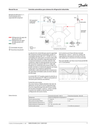 Manual de uso Controles automáticos para sistemas de refrigeración industriales
© Danfoss A/S (RA Marketing/MWA), 12 - 2007 DKRCI.PA.000.C2.05 / 520H1829 7
Ejemplo de aplicación 2.1.1:
Control del paso de la
capacidad del compresor
➀Controlador de paso
➁Transmisor de presión
Separador
de aceite
SCA
EVRAT+FA
SVA
FIA
Compresor de pistones
� AKS 33
� EKC 331
Al
condensador
Del separador/
evaporador
de líquido
SVA
M
Danfoss
Tapp_0016_05
11-2006
Refrigerante de vapor de
alta presión (HP)
Refrigerante de vapor
de baja presión (LP)
Aceite
La solución de control del paso para la capacidad
del compresor puede ser alcanzada usando un
controlador de paso EKC 331 ➀. El EKC 331 es un
controlador de cuatro pasos con hasta cuatro relés
de salida. Éste controla la carga/descarga de los
compresores/pistones o el motor eléctrico del
compresor, según la señal de presión de succión
del transmisor de presión AKS 33 ➁ o AKS 32R.
basado en un control de zona neutra. El EKC 331
puede controlar un sistema de paquete con hasta
cuatro pasos de compresor igualmente
clasificados o alternativamente dos compresores
de capacidad controlada (cada uno tiene válvula
de descarga).
La versión EKC 331T puede aceptar la señal de un
sensor de temperatura PT 1000, el cual puede ser
necesario para sistemas secundarios.
Control de zona neutra
Una zona neutra es fijada alrededor del valor de
referencia, en el cual no ocurre carga/descarga.
Ocurrirá carga/descarga fuera de la zona neutra
(en las áreas tramadas“+zona”y”- zona”) cuando
la presión de medida se desvía fuera de la
configuración de la zona neutra.
Si el control ocurre fuera del área tramada
(llamado de ++zona y --zona), los cambios de
capacidad de interrupción ocurrirán en forma
más rápida que si estuviera en el área tramada.
Para más detalles, por favor vea el manual del EKC
331 (T) de Danfoss.
Datos técnicos Transmisor de presión - AKS 33 Transmisor de presión - AKS 32R
Refrigerantes Todos los refrigerantes incluyendo R717
Alcance operacional [bar] –1 hasta 34 –1 hasta 34
Máx. presión de trabajo PB [bar] Hasta 55 >33
Rango temperatura operacional [°C] –40 a 85
Rango temperatura compensada [°C] LP: –30 a +40 / HP: 0 a +80
Señal de salida nominal 4 a 20 mA 10 a 90% de suministro V
 