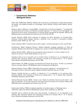  Competencias Didácticas
      Bibliografía Básica


Aebli, Hans (1998) Parte didáctica. Didáctica de la narración y la disertación, en Doce formas básicas
de enseñar. Una didáctica basada en la psicología, Guerra Miralles, Alfredo (trad) Madrid, Narcea.
pp. 47-56

Bodrova, Elena y Deborah J. Leong (2004), “Introducción a la teoría de Vygotsky”, “La adquisición
de herramientas de la mente y las funciones mentales superiores” y “Tácticas: el uso del lenguaje”, en
Herramientas de la mente. El aprendizaje en la infancia desde la perspectiva de Vygotsky, México, SEP
(Biblioteca para la actualización del maestro), pp. 2-14,15-24 y 94-107.

Cecotti, Manuela (1999) Cómo potenciar el lenguaje con libros ilustrados, en Carvajal Pérez,
Francisco y Ramos García Joaquín, ¿Enseñar o aprender a leer y escribir? II. Formación y Práctica
Docente, Sevilla, MCEP. pp. 139 – 142

Cohen, Dorothy (1997) “El derecho de los niños a jugar”, en Cómo aprenden los niños, pp.351-354

Condermarín, Mabel, Galdames Viviana y Medina Alejandra, Lenguaje expositivo, en Taller de
Lenguaje. Módulos para desarrollar el lenguaje oral y escrito, 2ª edición Madrid CEPE página 36 a 41

Cubero, Rosario (1997), “¿Qué son las concepciones de los alumnos?”, en Cómo trabajar con las
ideas de los alumnos, Sevilla, Díada (Práctica, 1), pp. 7-13.

Fonollosa, Nora et al La narración oral en el Nivel Inicial, en Revista 0 a 5. La educación en los
primeros años. Literatura infantil: Una invitación al mundo de la infancia Año 2 - N° 11. Buenos
Aires, Ediciones Novedades Educativas, abril de 1999

Gómez Palacio, M. (1999). El proceso de adquisición del sistema de escritura. El niño y sus primeros
años en la escuela. México. SEP (Biblioteca para la Actualización del Maestro).

Marchesi Ullastres, Álvaro (1989), “Desarrollo de los procesos cognitivos”, en José García et al.,
Psicología evolutiva y educación infantil, Madrid, Santillana (Aula XXI, 43), pp. 117-136.

Montes, Graciela Ilusiones en conflicto, en Revista 0 a 5. La educación en los primeros años.
Literatura infantil: Una invitación al mundo de la infancia Año 2 - N° 11. Buenos Aires, Ediciones
Novedades Educativas, abril de 1999

National Research Council (2000), “Crecer y leer. Desde el nacimiento hasta los cuatro años” y “El
reto en preescolar”, en Un buen comienzo. Guía para promover la lectura en la infancia, México, SEP
(Biblioteca para la actualización del maestro), pp. 25 a 75


Nemirovsky, Myriam (1992) Un ejemplo específico: el nombre propio, en Teberosky, Ana y
Tolchinsky, Liliana mas allá de la alfabetización, Buenos Aires, Santillana. pp. 262-270

Neveleff, Julio La selección de libros para niños pequeño, en Revista 0 a 5. La educación en los
primeros años. Literatura infantil: Una invitación al mundo de la infancia Año 2 - N° 11. Buenos
Aires, Ediciones Novedades Educativas, abril de 1999


       Exámenes Nacionales para la Actualización de los Maestros en Servicio 2009-2010
                                                                                                         1
                                                                                                         1
 