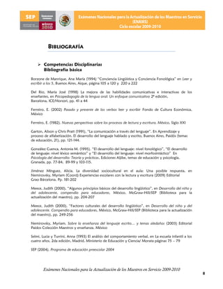 BIBLIOGRAFÍA


     Competencias Disciplinarias
      Bibliografía básica

Borzone de Manrique, Ana María (1994) “Conciencia Lingüística y Conciencia Fonológica” en Leer y
escribir a los 5, Buenos Aires, Aique, página 105 a 120 y 220 a 222

Del Rio, María José (1998) La mejora de las habilidades comunicativas e interactivas de los
enseñantes, en Psicopedagogía de la lengua oral: Un enfoque comunicativo 2ª edición,
Barcelona, ICE/Horsori, pp. 41 a 44

Ferreiro, E. (2002) Pasado y presente de los verbos leer y escribir Fondo de Cultura Económica,
México

Ferreiro, E. (1982). Nuevas perspectivas sobre los procesos de lectura y escritura. México, Siglo XXI

Garton, Alison y Chris Pratt (1991), “La comunicación a través del lenguaje”. En Aprendizaje y
proceso de alfabetización. El desarrollo del lenguaje hablado y escrito, Buenos Aires, Paidós (temas
de educación, 21), pp. 121-144.

González Cuenca, Antonia M. (1995). “El desarrollo del lenguaje: nivel fonológico”, “El desarrollo
de lenguaje: nivel léxico semántico” y “El desarrollo del lenguaje: nivel morfosintáctico” En
Psicología del desarrollo: Teoría y prácticas, Ediciones Aljibe, temas de educación y psicología,
Granada, pp. 77-84, 89-99 y 103-115.

Jiménez Mínguez, Alicia. La diversidad sociocultural en el aula: Una posible respuesta, en
Nemirovsky, Myriam (Coord) Experiencias escolares con la lectura y escritura (2009) Editorial
Grao Bárcelona. Pp. 181-202

Meece, Judith (2000), “Algunos principios básicos del desarrollo lingüístico”, en Desarrollo del niño y
del adolescente, compendio para educadores, México, McGraw-Hill/SEP (Biblioteca para la
actualización del maestro), pp. 204-207

Meece, Judith (2000), “Factores culturales del desarrollo lingüístico”, en Desarrollo del niño y del
adolescente. Compendio para educadores, México, McGraw-Hill/SEP (Biblioteca para la actualización
del maestro), pp. 249-256

Nemirovsky, Myriam. Sobre la enseñanza del lenguaje escrito… y temas aledaños (2003) Editorial
Paidos Colección Maestros y enseñanza. México

Selmi, Lucia y Turrini, Anna (1993) El análisis del comportamiento verbal, en La escuela infantil a los
cuatro años, 2da edición, Madrid, Ministerio de Educación y Ciencia/ Morata páginas 75 – 79

SEP (2004). Programa de educación preescolar 2004




       Exámenes Nacionales para la Actualización de los Maestros en Servicio 2009-2010
                                                                                                          8
 