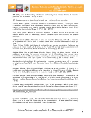 SEP (2005) Curso de formación y actualización profesional para el personal docente de educación
preescolar. Vol. 1, módulos 1 al 3 pp. 17 a 218

SEP. Guía para orientar el desarrollo del lenguaje oral y escrito en el nivel preescolar.

Baroody, Arthur J. (1997), .Matemática informal: el paso intermedio esencial., .Técnicas para contar.
y .Desarrollo del número., en El pensamiento matemático de los niños. Un marco evolutivo para
maestros de preescolar, ciclo inicial y educación especial, Genís Sánchez Barberán (trad.), 3ª.ed.,
Madrid, Visor (Aprendizaje, 42), pp. 33-47, 87-106 y 107-148.

Block, David (1996), .Análisis de situaciones didácticas., en Básica. Revista de la escuela y del
maestro, año III, núm. 11, mayo-junio, México, Fundación SNTE para la Cultura del Maestro
Mexicano.

Broitman, Claudia (2000), .Reflexiones en torno a la enseñanza del espacio., en 0 a 5. La educación
en los primeros años, año III, núm. 22, marzo, Buenos Aires, Ediciones Novedades Educativas, pp.
24-41.
Castro, Adriana (2000), .Actividades de exploración con cuerpos geométricos. Análisis de una
propuesta de trabajo para la sala de cinco., en Ana Malajovich (comp.), Recorridos didácticos en la
educación inicial, Buenos Aires, Paidós (Cuestiones de educación), pp. 175-203.

Duhalde, María Elena y María Teresa González Cuberes (1996), .De cómo, cuándo y dónde se
produjeron y producen los primeros encuentros con la Matemática., .Los números como
herramientas. y .La medida, convenciones necesarias para entendernos., en Encuentros cercanos con
la matemática, Buenos Aires, Aique (Aportes a la educación inicial), pp. 35- 52, 53-69 y 89-102.

González Lemmi, Alicia (2000), .El espacio sensible y el espacio geométrico., en 0 a 5. La educación
en los primeros años, año III, núm. 22, marzo, Buenos Aires, Ediciones Novedades Educativas, pp.
42- 61.

González, Adriana y Edith Weinstein (2000), .El número y la serie numérica., .El espacio. y .La
medida y sus magnitudes., en ¿Cómo enseñar matemática en el jardín? Número – Medida – Espacio,
Buenos Aires, Colihue (Nuevos caminos en educación inicial), pp. 37-87, 89- 135 y 137-173.

González, Adriana y Edith Weinstein (2000), .Enfoque del área matemática., .La enseñanza y el
aprendizaje de la matemática en el Nivel Inicial., en ¿Cómo enseñar matemática en el jardín?
Número – Medida – Espacio, Buenos Aires, Colihue (Nuevos caminos en educación inicial), pp. 17-23
y 23-36.

Quaranta, María Emilia (2002), .La serie numérica oral., en Ana Malajovich (coord.), didácticas para
el nivel inicial. 2ª parte, Buenos Aires, Dirección de Cultura (Serie Desarrollo curricular, 5), pp.71-95

http://abc.gov.ar/lainstitucion/sistemaeducativo/educacioninicial/capacitacion/documentoscirculares/
2002/orientaciones_did_parte2.pdf



Quaranta, María Emilia (2002), .Por qué enseñar matemática en el nivel inicial. y .¿Qué saben los
niños? ¿Cuál es el papel del jardín frente a esos conocimientos?., en Ana Malajovich (coord.),
Orientaciones didácticas para el nivel inicial. 1ª parte, Buenos Aires,




        Exámenes Nacionales para la Actualización de los Maestros en Servicio 2009-2010
                                                                                                            9
 