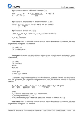 PA09403B	 Manual de Programação e Operação - Linha D600 - CNC FANUC 0i-MF - PLUS	 99
15. Quarto eixo
2º) Conversão do eixo rotacional em linear (A’):
360º P 	 A’ = 251.327 x 120 A’ = 83.776
A		 A’	 360
3º) Cálculo do ângulo entre os dois movimentos (X e A’)
Tan α = A’ = 83.776 => Tan α = 1.675 => α = 59.170º
X 50
	
4º) Cálculo do avanço em X (FX
):
Cos α = FX
=> FX
= Cos α x FR
=> FX
= 200 x Cos 59.170
	 FR
FX
= 102.4 mm/min
Resultado: Para se trabalhar com um avanço efetivo de corte de 200 mm/min, deve-se
programar o avanço de 102 mm/min.
G0 X0 Y0 A0
G1 X50 A120 F102
Exemplo 4: Calcular o avanço do eixo A para que o avanço efetivo de corte (FR
) seja
200 mm/min.
G0 X0 A0
G1 X30 F100
A90 F?
X0 F200
sendo que:
Ø Peça (d) = 60 mm
Quando for programado apenas o eixo A num bloco, pode-se calcular o avanço deste
eixo, em graus/min, em função do avanço efetivo de corte, em mm/min, através da seguinte
fórmula:
FR
= FA
=> 100 = FA
=> FA
= 360 x 100 => FA
= 191 graus
P* 360 188.495* 360 188.495*
onde:
FR
= avanço efetivo de corte (X) = 100 mm/min
FA
= avanço rotacional (A) = ?
P* = perímetro da peça = 188.495 (calculado através da fórmula π x D)
Resultado: Para se trabalhar com um avanço efetivo de corte de 100 mm/min, deve-se
programar o avanço de 191 mm/min.
 