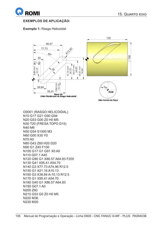 106	 Manual de Programação e Operação - Linha D600 - CNC FANUC 0i-MF - PLUS	 PA09403B
EXEMPLOS DE APLICAÇÃO:
Exemplo 1: Rasgo Helicoidal
65,41
30
45°
21,16
38,84
77,73
86,57
95,41
R
10,13°
mm
8,84
-10,13°
54,70°
mm
47,73
74,96°
mm
2
5
1
2
,
5
0
8,84
mm
56,57
mm
64,83°
R45
100
120
Plano XA
Plano XA
Plano XA
Plano XA
(Vista Planificada do Rasgo Helicoidal)
(Vista Planificada do Rasgo Helicoidal)
(Vista Planificada do Rasgo Helicoidal)
(Vista Planificada do Rasgo Helicoidal)
Y0/Z0
Y0/Z0
Y0/Z0
Y0/Z0
Vista Frontal da Peça
Vista Frontal da Peça
Vista Frontal da Peça
Vista Frontal da Peça
O0001 (RASGO HELICOIDAL)
N10 G17 G21 G90 G94
N20 G53 G00 Z0 H0 M5	
N30 T20 (FRESA TOPO D15)
N40 M6
N50 G54 S1000 M3
N60 G00 X30 Y0
N70 A0
N80 G43 Z60 H20 D20
N90 G1 Z45 F100
N100 G17 G1 G91 X0 A0
N110 G07.1 A45
N120 G90 G1 X86.57 A64.83 F200
N130 G41 X95.41 A54.70
N140 G3 X77.73 A74.96 R12.5
N150 G1 X21.16 A10.13
N160 G3 X38.84 A-10.13 R12.5
N170 G1 X95.41 A54.70
N180 G40 G1 X86.57 A64.83
N190 G07.1 A0
N200 Z60
N210 G53 G0 Z0 H0 M5
N220 M36
N230 M30
15. Quarto eixo
 