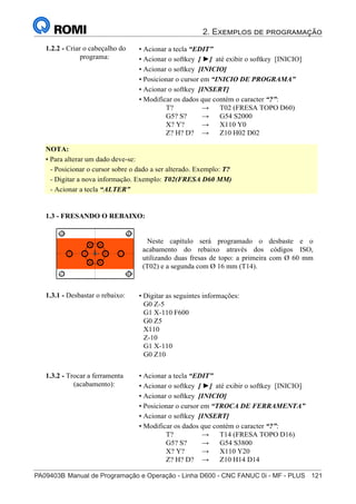 2. Exemplos de programação
PA09403B	Manual de Programação e Operação - Linha D600 - CNC FANUC 0i - MF - PLUS	 121
136
®
S43784D - Manual de Programação e Operação - CNC Fanuc 21i - MB
• Digitar as seguintes informações:
G0 Z-5
G1 X-110 F600
G0 Z5
X110
Z-10
G1 X-110
G0 Z10
1.3.1 - Desbastar o rebaixo:
1.3 - FRESANDO O REBAIXO:
• Acionar a tecla “EDIT”
• Acionar o softkey [ ►] até exibir o softkey [INICIO]
• Acionar o softkey [INICIO]
• Posicionar o cursor em “INICIO DE PROGRAMA”
• Acionar o softkey [INSERT]
• Modificar os dados que contém o caracter “?”:
T? → T02 (FRESA TOPO D60)
G5? S? → G54 S2000
X? Y? → X110 Y0
Z? H? D? → Z10 H02 D02
1.2.2 - Criar o cabeçalho do
programa:
NOTA:
• Para alterar um dado deve-se:
- Posicionar o cursor sobre o dado a ser alterado. Exemplo: T?
- Digitar a nova informação. Exemplo: T02(FRESA D60 MM)
- Acionar a tecla “ALTER”
Neste capítulo será programado o desbaste e o
acabamento do rebaixo através dos códigos ISO,
utilizando duas fresas de topo: a primeira com Ø 60 mm
(T02) e a segunda com Ø 16 mm (T14).
• Acionar a tecla “EDIT”
• Acionar o softkey [ ►] até exibir o softkey [INICIO]
• Acionar o softkey [INICIO]
• Posicionar o cursor em “TROCA DE FERRAMENTA”
• Acionar o softkey [INSERT]
• Modificar os dados que contém o caracter “?”:
T? → T14 (FRESA TOPO D16)
G5? S? → G54 S3800
X? Y? → X110 Y20
Z? H? D? → Z10 H14 D14
1.3.2 - Trocar a ferramenta
(acabamento):
 