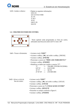 2. Exemplos de programação
122	 Manual de Programação e Operação - Linha D600 - CNC FANUC 0i - MF - PLUS	PA09403B
137
®
S43784D - Manual de Programação e Operação - CNC Fanuc 21i - MB
• Digitar as seguintes informações:
G0 Z-10
G41 G1Y30.5 F800
X-110
Y-30.5
X110
G40 Y-20
G0 Z10
1.3.3 - Acabar o rebaixo:
1.4 - CRIANDO OS FUROS DE CENTRO:
Neste capítulo serão programados os furos de centro,
utilizando uma broca de centro de Ø 12 mm x 90º
• Acionar a tecla “EDIT”
• Acionar o softkey [ ►] até exibir o softkey [INICIO]
• Acionar o softkey [INICIO]
• Posicionar o cursor em “TROCA DE FERRAMENTA”
• Acionar o softkey [INSERT]
• Modificar os dados que contém o caracter “?”:
T? → T04 (BR. CENTRO D12X90G)
G5? S? → G54 S1200
X? Y? → X0 Y0
Z? H? D? → Z10 H04 D04
1.4.1 - Trocar a ferramenta:
• Acionar a tecla “EDIT”
• Acionar o softkey [ ►] até exibir o softkey [CICLO]
• Acionar o softkey [CICLO]
• Posicionar o cursor em “1. FURACAO DE CENTRO”
• Acionar o softkey [SELECT]
• Preencher os campos conforme a figura 6:
• Acionar o softkey [INSERT]
1.4.2 - Ativar o ciclo de
furo de centro:
 
