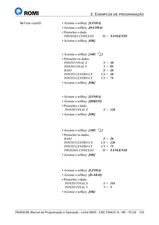 2. Exemplos de programação
PA09403B	Manual de Programação e Operação - Linha D600 - CNC FANUC 0i - MF - PLUS	 133
148
®
S43784D - Manual de Programação e Operação - CNC Fanuc 21i - MB
b) Criar o perfil: • Acionar o softkey [LINHA]
• Acionar o softkey [D-CIMA]
• Preencher o dado:
PROXIMA CONEXAO M = TANGENTE
• Acionar o softkey [OK]
• Acionar o softkey [ARC ]
• Preencher os dados:
PONTO FINAL X X = 30
PONTO FINAL Y Y = 95
RAIO R = 20
PONTO CENTRO CX CX = 30
PONTO CENTRO CY CY = 75
• Acionar o softkey [OK]
• Acionar o softkey [LINHA]
• Acionar o softkey [DIREIT]
• Preencher o dado:
PONTO FINAL X X = 120
• Acionar o softkey [OK]
• Acionar o softkey [ARC ]
• Preencher os dados:
RAIO R = 20
PONTO CENTRO CX CX = 120
PONTO CENTRO CY CY = 75
PROXIMA CONEXAO M = TANGENTE
• Acionar o softkey [OK]
• Acionar o softkey [LINHA]
• Acionar o softkey [D-ABAI]
• Preencher o dado:
PONTO FINAL X X = 145
PONTO FINAL Y Y = 5
• Acionar o softkey [OK]
 