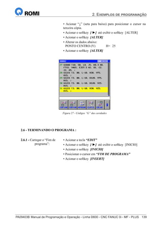 2. Exemplos de programação
PA09403B	Manual de Programação e Operação - Linha D600 - CNC FANUC 0i - MF - PLUS	 139
154
®
S43784D - Manual de Programação e Operação - CNC Fanuc 21i - MB
• Acionar “↓” (seta para baixo) para posicionar o cursor na
terceira cópia.
• Acionar o softkey [ ►] até exibir o softkey [ALTER]
• Acionar o softkey [ALTER]
• Alterar os dados abaixo:
PONTO CENTRO (Y) H= 25
• Acionar o softkey [ALTER]
2.6 - TERMINANDO O PROGRAMA :
• Acionar a tecla “EDIT”
• Acionar o softkey [ ►] até exibir o softkey [INICIO]
• Acionar o softkey [INICIO]
• Posicionar o cursor em “FIM DE PROGRAMA”
• Acionar o softkey [INSERT]
2.6.1 - Carregar o “Fim de
programa”:
Figura 27 - Códigos “G” das cavidades
 