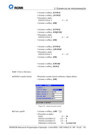 2. Exemplos de programação
PA09403B	Manual de Programação e Operação - Linha D600 - CNC FANUC 0i - MF - PLUS	 161
176
®
S43784D - Manual de Programação e Operação - CNC Fanuc 21i - MB
• Acionar o softkey [LINHA]
• Acionar o softkey [ESQUER]
• Preencher o dado:
PONTO FINAL X X = -45
• Acionar o softkey [OK]
• Acionar o softkey [LINHA]
• Acionar o softkey [ABAIXO]
• Preencher o dado:
PONTO FINAL Y Y = -87
• Acionar o softkey [OK]
• Acionar o softkey [CRIAR]
• Acionar o softkey [ILHA]
• Acionar o softkey [LINHA]
• Acionar o softkey [ACIMA]
• Preencher o dado:
PONTO FINAL Y Y = 45
• Acionar o softkey [OK]
4.4.4 - Criar a Alavanca:
Figura 58 - Janela do ponto inicial
a) Definir o ponto inicial: •Preencher o ponto inicial conforme a figura abaixo
• Acionar o softkey [OK]
b) Criar o perfil: • Acionar o softkey [ARC ]
• Preencher os dados:
RAIO R = 30
PONTO CENTRO CX CX = 0
PONTO CENTRO CY CY = 0
PROXIMA CONEXAO M = TANGENTE
• Acionar o softkey [OK]
 