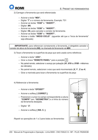 200	 Manual de Programação e Operação - Linha D600 - CNC FANUC 0i - MF - PLUS	PA09403B
8. Preset de ferramentas
2) Carregar a ferramenta que será referenciada:
–
– Acionar a tecla “MDI”.
–
– Digitar “T” e o número da ferramenta. Exemplo: T01
–
– Acionar as teclas “EOB” e “INSERT”.
–
– Digitar: M6.
–
– Acionar as teclas “EOB” e “INSERT”.
–
– Digitar: H0, para cancelar o corretor da ferramenta.
–
– Acionar as teclas “EOB” e “INSERT”.
–
– Acionar o botão “INÍCIO CICLO” (aguardar até que a “troca de ferramenta”
seja efetuada)
IMPORTANTE: para referenciar corretamente a ferramenta, é obrigatório cancelar o
corretor de altura da ferramenta (H0), na chamada da ferramenta via MDI.
3) Tocar a ferramenta na superfície da peça que será usada como referência:
–
– Acionar a tecla “JOG”.
–
– Girar a chave “REMOTE PANEL” para a posição I .
–
– No painel remoto, selecionar o avanço por pulsação (X1, X10 ou X100 - milésimos
de milímetro)
–
– No painel remoto, selecionar o eixo que será movimentado (X, Y , Z ou 4)
–
– Girar a manivela para tocar a ferramenta na superfície da peça
4) Referenciar a ferramenta:
–
– Acionar a tecla “OFSSET”
–
– Acionar a softkey [ CORRET ].
–
– Posicionar o cursor no campo correspondente a coluna
“COMPR” (em “GEOMETRIA”) e a linha do número
da ferramenta desejada.
–
– Digitar: “Z”.
–
– Acionar a softkey [ INS. C. ].
Repetir as operações de 1 a 3 para todas as ferramentas
 