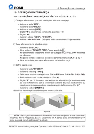 PA09403B	Manual de Programação e Operação - Linha D600 - CNC FANUC 0i - MF - PLUS	 203
10 - DEFINIÇÃO DO ZERO-PEÇA
10.1 - DEFINIÇÃO DO ZERO-PEÇA NO VÉRTICE (EIXOS “X” E “Y”)
1) Carregar a ferramenta que será usada para efetuar o zero-peça.
–
– Acionar a tecla “MDI” .
–
– Acionar a tecla “PROG”.
–
– Acionar a softkey [ MDI ].
–
– Digitar “T” e o número da ferramenta. Exemplo: T01
–
– Digitar: M6.
–
– Acionar a tecla “EOB” e “INSERT”.
–
– Acionar “INÍCIO CICLO” (até que a “troca de ferramenta” seja efetuada)
2) Tocar a ferramenta na lateral da peça:
–
– Acionar a tecla “JOG”.
–
– Girar a chave “REMOTE PANEL” para a posição I .
–
– No painel remoto, selecionar o avanço por pulsação (X1, X10 ou X100 - milésimos
de milímetro)
–
– No painel remoto, selecionar o eixo que será movimentado (X, Y , Z ou 4)
–
– Girar a manivela para tocar a ferramenta na lateral da peça
3) Definir o zero-peça:
–
– Acionar a tecla “OFSSET”.
–
– Acionar a softkey [ TRAB ].
–
– Selecionar o corretor desejado (de G54 a G59 ou de G54.1 P1 a G54.1 P48)
–
– Posicionar o cursor no eixo desejado (X ou Y).
–
– Digitar “X” (ou “Y” de acordo com o eixo a ser referenciado) e a soma do valor
do raio da ferramenta com o sobremetal na lateral da peça, positivamente ou
negativamente dependendo do posicionamento da ferramenta. Ex: X-7
–
– Acionar a softkey [ MEDIR ].
Repetir os mesmos procedimentos para zerar o outro eixo.
Figura 1
NOTA: Para o posicionamento da ferramenta conforme as figuras acima, considerar
os valores de X e Y negativos. Ex: X-7 (zeramento em X, sendo que a ferramenta tem Ø10
mm e a peça 2 mm de sobremetal na lateral).
10. Definição do zero peça
 