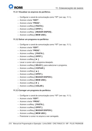 210	 Manual de Programação e Operação - Linha D600 - CNC FANUC 0i - MF - PLUS	PA09403B
11.3.1 Visualizar os arquivos do periférico.
–
– Configurar o canal de comunicação como “17” (ver cap. 11.1).
–
– Acionar a tecla “EDIT”.
–
– Acionar a tecla “PROG”.
–
– Acionar a softkey [ PASTA ].
–
– Acionar a softkey [ OPRT ].
–
– Acionar a softkey [ MUDAR DISPOS] .
–
– Acionar a softkey [ MEM USB ].
11.3.2 Salvar um programa no periférico
–
– Configurar o canal de comunicação como “17” (ver cap. 11.1).
–
– Acionar a tecla “EDIT”.
–
– Acionar a tecla “PROG”.
–
– Acionar a softkey [ PASTA ] .
–
– Acionar a softkey [ OPRT ].
–
– Acionar a softkey [ ► ].
–
– Levar o cursor até o programa desejado.
–
– Acionar a softkey [ SELEC ], para selecionar o programa.
–
– Acionar a softkey [ COPIAR ].
–
– Acionar a softkey [ ▲ ].
–
– Acionar a softkey [ OPRT ].
–
– Acionar a softkey [ MUDAR DISPOS ].
–
– Acionar a softkey [ MEM USB ].
–
– Acionar a softkey [ ► ].
–
– Acionar a softkey [ COLAR ].
–
–
11.3.3 Carregar um programa do periférico
–
– Configurar o canal de comunicação como “17” (ver cap. 11.1).
–
– Acionar a tecla “EDIT”.
–
– Acionar a tecla “PROG”.
–
– Acionar a softkey [ PASTA ] .
–
– Acionar a softkey [ OPRT ].
–
– Acionar a softkey [ MUDAR DISPOS ].
–
– Acionar a softkey [ MEM UBS ].
–
– Posicionar o cursor no arquivo a ser carregado.
11. Comunicação de dados
 