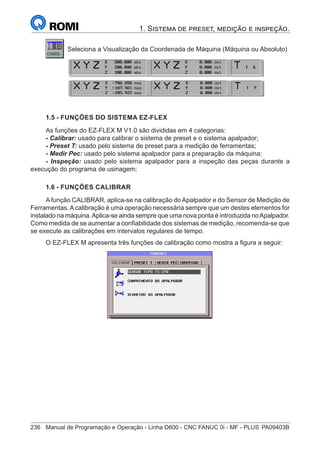 236	 Manual de Programação e Operação - Linha D600 - CNC FANUC 0i - MF - PLUS	PA09403B
1. Sistema de preset, medição e inspeção.
Seleciona a Visualização da Coordenada de Máquina (Máquina ou Absoluto)
	
1.5 - FUNÇÕES DO SISTEMA EZ-FLEX
As funções do EZ-FLEX M V1.0 são divididas em 4 categorias:
- Calibrar: usado para calibrar o sistema de preset e o sistema apalpador;
- Preset T: usado pelo sistema de preset para a medição de ferramentas;
- Medir Pec: usado pelo sistema apalpador para a preparação da máquina;
- Inspeção: usado pelo sistema apalpador para a inspeção das peças durante a
execução do programa de usinagem;
1.6 - FUNÇÕES CALIBRAR
A função CALIBRAR, aplica-se na calibração do Apalpador e do Sensor de Medição de
Ferramentas. A calibração é uma operação necessária sempre que um destes elementos for
instalado na máquina.Aplica-se ainda sempre que uma nova ponta é introduzida noApalpador.
Como medida de se aumentar a confiabilidade dos sistemas de medição, recomenda-se que
se execute as calibrações em intervalos regulares de tempo.
O EZ-FLEX M apresenta três funções de calibração como mostra a figura a seguir:
 