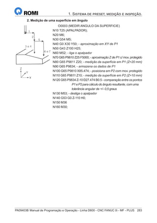 PA09403B	Manual de Programação e Operação - Linha D600 - CNC FANUC 0i - MF - PLUS	 283
1. Sistema de preset, medição e inspeção.
2. Medição de uma superfície em ângulo
		O0003 (MEDIR ANGULO DA SUPERFICIE)
	
N10 T25 (APALPADOR);
	
N20 M6;
	
N30 G54 M5;
	
N40 G0 X30 Y50; - aproximação em XY de P1
	
N50 G43 Z100 H25;
N60 M52; - liga o apalpador
	
N70 G65 P9810 Z25 F5000; - aproximação Z de P1 c/ mov. protegido
	
N80 G65 P9811 Z20; - medição da superfície em P1 (Z=20 mm)
	
N90 G65 P9834; - armazena os dados de P1
	
N100 G65 P9810 X85.474; - posiciona em P2 com mov. protegido
	
N110 G65 P9811 Z10; - medição da superfície em P2 (Z=10 mm)
	
N120 G65 P9834 Z-10 D27.474 B0.5 - comparação entre os pontos
				 P1eP2paracálculodoânguloresultante,comuma 	
				 tolerância angular de +/- 0,5 graus
N130 M53; - desliga o apalpador
	
N140 G53 G0 Z-110 H0;
	N150 M36
N160 M30;
 