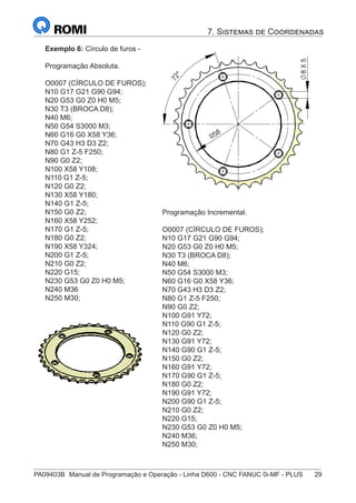 PA09403B	 Manual de Programação e Operação - Linha D600 - CNC FANUC 0i-MF - PLUS	 29
7. Sistemas de Coordenadas
Exemplo 6: Círculo de furos -
Programação Absoluta.
O0007 (CÍRCULO DE FUROS);
N10 G17 G21 G90 G94;
N20 G53 G0 Z0 H0 M5;
N30 T3 (BROCA D8);
N40 M6;
N50 G54 S3000 M3;
N60 G16 G0 X58 Y36;
N70 G43 H3 D3 Z2;
N80 G1 Z-5 F250;
N90 G0 Z2;
N100 X58 Y108;
N110 G1 Z-5;
N120 G0 Z2;
N130 X58 Y180;
N140 G1 Z-5;
N150 G0 Z2;
N160 X58 Y252;
N170 G1 Z-5;
N180 G0 Z2;
N190 X58 Y324;
N200 G1 Z-5;
N210 G0 Z2;
N220 G15;
N230 G53 G0 Z0 H0 M5;
N240 M36
N250 M30;
°
8
X
5
58
R
7
2
°
8
X
5
Programação Incremental.
O0007 (CÍRCULO DE FUROS);
N10 G17 G21 G90 G94;
N20 G53 G0 Z0 H0 M5;
N30 T3 (BROCA D8);
N40 M6;
N50 G54 S3000 M3;
N60 G16 G0 X58 Y36;
N70 G43 H3 D3 Z2;
N80 G1 Z-5 F250;
N90 G0 Z2;
N100 G91 Y72;
N110 G90 G1 Z-5;
N120 G0 Z2;
N130 G91 Y72;
N140 G90 G1 Z-5;
N150 G0 Z2;
N160 G91 Y72;
N170 G90 G1 Z-5;
N180 G0 Z2;
N190 G91 Y72;
N200 G90 G1 Z-5;
N210 G0 Z2;
N220 G15;
N230 G53 G0 Z0 H0 M5;
N240 M36;
N250 M30;
 