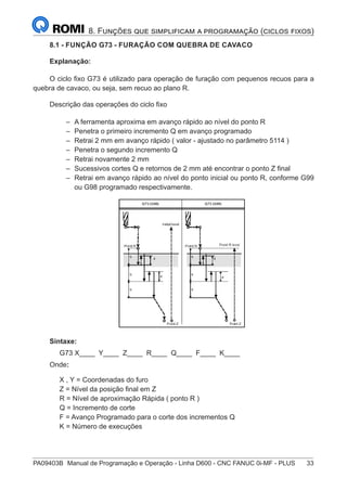 PA09403B	 Manual de Programação e Operação - Linha D600 - CNC FANUC 0i-MF - PLUS	 33
8. Funções que simplificam a programação (ciclos fixos)
8.1 - FUNÇÃO G73 - FURAÇÃO COM QUEBRA DE CAVACO
Explanação:
O ciclo fixo G73 é utilizado para operação de furação com pequenos recuos para a
quebra de cavaco, ou seja, sem recuo ao plano R.
Descrição das operações do ciclo fixo
–
– A ferramenta aproxima em avanço rápido ao nível do ponto R
–
– Penetra o primeiro incremento Q em avanço programado
–
– Retrai 2 mm em avanço rápido ( valor - ajustado no parâmetro 5114 )
–
– Penetra o segundo incremento Q
–
– Retrai novamente 2 mm
–
– Sucessivos cortes Q e retornos de 2 mm até encontrar o ponto Z final
–
– Retrai em avanço rápido ao nível do ponto inicial ou ponto R, conforme G99
ou G98 programado respectivamente.
Sintaxe:
G73 X____ Y____ Z____ R____ Q____ F____ K____
Onde:
X , Y = Coordenadas do furo
Z = Nível da posição final em Z
R = Nível de aproximação Rápida ( ponto R )
Q = Incremento de corte
F = Avanço Programado para o corte dos incrementos Q
K = Número de execuções
 