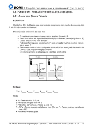 PA09403B	 Manual de Programação e Operação - Linha D600 - CNC FANUC 0i-MF - PLUS	 35
8. Funções que simplificam a programação (ciclos fixos)
8.2 - FUNÇÃO G74 - ROSCAMENTO COM MACHO À ESQUERDA
8.2.1 - Roscar com Sistema Flutuante
Explanação:
O ciclo fixo G74 é utilizado para operação de roscamento com macho à esquerda, isto
é, sentido de rotação anti-horário.
Descrição das operações do ciclo fixo:
–
– O macho aproxima em avanço rápido ao nível do ponto R
–
– Executa a rosca até a profundidade final (Z) conforme o passo programado (F)
–
– Cessa a rotação no final do corte
–
– Retrai conforme passo programado (F) com a rotação invertida (sentido horário)
até o ponto R
–
– Permanece neste ponto ou vai para o ponto inicial em avanço rápido, conforme
G99 ou G98 programado previamente
–
– Inverte novamente a rotação para o sentido anti-horário
Sintaxe:
G74 X____ Y____ Z____ R____ F____ K____
Onde:
X Y = Coordenadas do furo
Z = Nível da posição final em Z
R = Nível de aproximação rápida (ponto R)
F = RPM x Passo, quando trabalha-se com G94 ou, F = Passo, quando trabalha-se
com G95.
K = Número de execuções
 