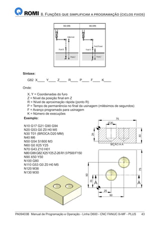 PA09403B	 Manual de Programação e Operação - Linha D600 - CNC FANUC 0i-MF - PLUS	 43
8. Funções que simplificam a programação (ciclos fixos)
Sintaxe:
G82 X____ Y____ Z____ R____ P____ F____ K____
Onde:
X, Y = Coordenadas do furo
Z = Nível da posição final em Z
R = Nível de aproximação rápida (ponto R)
P = Tempo de permanência no final da usinagem (milésimos de segundos)
F = Avanço programado para usinagem
K = Número de execuções
Exemplo:
N10 G17 G21 G90 G94
N20 G53 G0 Z0 H0 M5
N30 T01 (BROCA D20 MM)
N40 M6
N50 G54 S1800 M3
N60 G0 X25 Y25
N70 G43 Z10 H01
N80G99G82X25Y25Z-26R1.5P500F150
N90 X50 Y50
N100 G80
N110 G53 G0 Z0 H0 M5
N120 M36
N130 M30
 