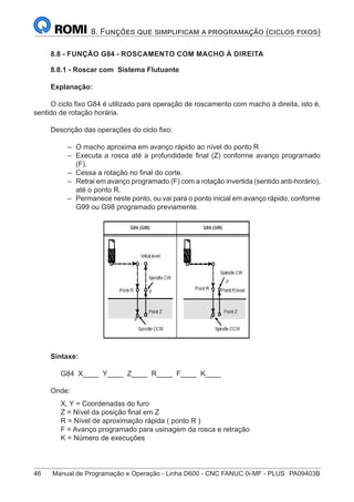 46	 Manual de Programação e Operação - Linha D600 - CNC FANUC 0i-MF - PLUS	 PA09403B
8. Funções que simplificam a programação (ciclos fixos)
8.8 - FUNÇÃO G84 - ROSCAMENTO COM MACHO À DIREITA
8.8.1 - Roscar com Sistema Flutuante
Explanação:
O ciclo fixo G84 é utilizado para operação de roscamento com macho à direita, isto é,
sentido de rotação horária.
Descrição das operações do ciclo fixo:
–
– O macho aproxima em avanço rápido ao nível do ponto R
–
– Executa a rosca até a profundidade final (Z) conforme avanço programado
(F).
–
– Cessa a rotação no final do corte.
–
– Retrai em avanço programado (F) com a rotação invertida (sentido anti-horário),
até o ponto R.
–
– Permanece neste ponto, ou vai para o ponto inicial em avanço rápido, conforme
G99 ou G98 programado previamente.
Sintaxe:
G84 X____ Y____ Z____ R____ F____ K____
Onde:
X, Y = Coordenadas do furo
Z = Nível da posição final em Z
R = Nível de aproximação rápida ( ponto R )
F = Avanço programado para usinagem da rosca e retração
K = Número de execuções
 
