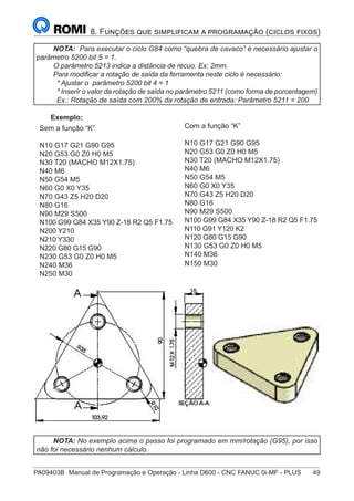 PA09403B	 Manual de Programação e Operação - Linha D600 - CNC FANUC 0i-MF - PLUS	 49
8. Funções que simplificam a programação (ciclos fixos)
NOTA: Para executar o ciclo G84 como “quebra de cavaco” é necessário ajustar o
parâmetro 5200 bit 5 = 1.
O parâmetro 5213 indica a distância de recuo. Ex: 2mm.
Para modificar a rotação de saída da ferramenta neste ciclo é necessário:
* Ajustar o parâmetro 5200 bit 4 = 1
* Inserir o valor da rotação de saída no parâmetro 5211 (como forma de porcentagem)
Ex.: Rotação de saída com 200% da rotação de entrada: Parâmetro 5211 = 200
Exemplo:
Sem a função “K”
N10 G17 G21 G90 G95
N20 G53 G0 Z0 H0 M5
N30 T20 (MACHO M12X1.75)
N40 M6
N50 G54 M5
N60 G0 X0 Y35
N70 G43 Z5 H20 D20
N80 G16
N90 M29 S500
N100 G99 G84 X35 Y90 Z-18 R2 Q5 F1.75
N200 Y210
N210 Y330
N220 G80 G15 G90
N230 G53 G0 Z0 H0 M5
N240 M36
N250 M30
Com a função “K”
N10 G17 G21 G90 G95
N20 G53 G0 Z0 H0 M5
N30 T20 (MACHO M12X1.75)
N40 M6
N50 G54 M5
N60 G0 X0 Y35
N70 G43 Z5 H20 D20
N80 G16
N90 M29 S500
N100 G99 G84 X35 Y90 Z-18 R2 Q5 F1.75
N110 G91 Y120 K2
N120 G80 G15 G90
N130 G53 G0 Z0 H0 M5
N140 M36
N150 M30
NOTA: No exemplo acima o passo foi programado em mm/rotação (G95), por isso
não foi necessário nenhum cálculo.
 