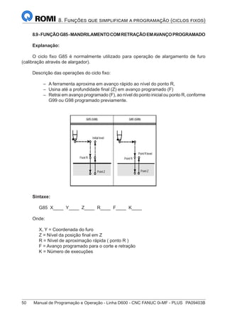 50	 Manual de Programação e Operação - Linha D600 - CNC FANUC 0i-MF - PLUS	 PA09403B
8. Funções que simplificam a programação (ciclos fixos)
	
8.9-FUNÇÃOG85-MANDRILAMENTOCOMRETRAÇÃOEMAVANÇOPROGRAMADO
Explanação:
O ciclo fixo G85 é normalmente utilizado para operação de alargamento de furo
(calibração através de alargador).
Descrição das operações do ciclo fixo:
–
– A ferramenta aproxima em avanço rápido ao nível do ponto R,
–
– Usina até a profundidade final (Z) em avanço programado (F)
–
– Retrai em avanço programado (F), ao nível do ponto inicial ou ponto R, conforme
G99 ou G98 programado previamente.
Sintaxe:
G85 X____ Y____ Z____ R____ F____ K____
Onde:
X, Y = Coordenada do furo
Z = Nível da posição final em Z
R = Nível de aproximação rápida ( ponto R )
F = Avanço programado para o corte e retração
K = Número de execuções
 