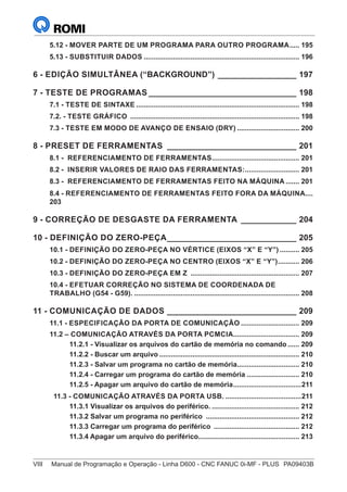 VIII	 Manual de Programação e Operação - Linha D600 - CNC FANUC 0i-MF - PLUS	 PA09403B
5.12 - MOVER PARTE DE UM PROGRAMA PARA OUTRO PROGRAMA...... 195
5.13 - SUBSTITUIR DADOS................................................................................. 196
6 - EDIÇÃO SIMULTÂNEA (“BACKGROUND”)__________________ 197
7 - TESTE DE PROGRAMAS_________________________________ 198
7.1 - TESTE DE SINTAXE..................................................................................... 198
7.2. - TESTE GRÁFICO ........................................................................................ 198
7.3 - TESTE EM MODO DE AVANÇO DE ENSAIO (DRY)................................. 200
8 - PRESET DE FERRAMENTAS_____________________________ 201
8.1 - REFERENCIAMENTO DE FERRAMENTAS.............................................. 201
8.2 - INSERIR VALORES DE RAIO DAS FERRAMENTAS:............................. 201
8.3 - REFERENCIAMENTO DE FERRAMENTAS FEITO NA MÁQUINA........ 201
8.4 - REFERENCIAMENTO DE FERRAMENTAS FEITO FORA DA MÁQUINA.....
203
9 - CORREÇÃO DE DESGASTE DA FERRAMENTA_____________ 204
10 - DEFINIÇÃO DO ZERO-PEÇA_____________________________ 205
10.1 - DEFINIÇÃO DO ZERO-PEÇA NO VÉRTICE (EIXOS “X” E “Y”)........... 205
10.2 - DEFINIÇÃO DO ZERO-PEÇA NO CENTRO (EIXOS “X” E “Y”)............ 206
10.3 - DEFINIÇÃO DO ZERO-PEÇA EM Z ......................................................... 207
10.4 - EFETUAR CORREÇÃO NO SISTEMA DE COORDENADA DE
TRABALHO (G54 - G59)....................................................................................... 208
11 - COMUNICAÇÃO DE DADOS_____________________________ 209
11.1 - ESPECIFICAÇÃO DA PORTA DE COMUNICAÇÃO............................... 209
11.2 – COMUNICAÇÃO ATRAVÉS DA PORTA PCMCIA................................... 209
11.2.1 - Visualizar os arquivos do cartão de memória no comando....... 209
11.2.2 - Buscar um arquivo......................................................................... 210
11.2.3 - Salvar um programa no cartão de memória................................. 210
11.2.4 - Carregar um programa do cartão de memória............................ 210
11.2.5 - Apagar um arquivo do cartão de memória....................................211
11.3 - COMUNICAÇÃO ATRAVÉS DA PORTA USB.........................................211
11.3.1 Visualizar os arquivos do periférico............................................... 212
11.3.2 Salvar um programa no periférico ................................................. 212
11.3.3 Carregar um programa do periférico ............................................. 212
11.3.4 Apagar um arquivo do periférico..................................................... 213
 