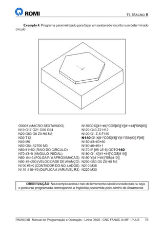 PA09403B	 Manual de Programação e Operação - Linha D600 - CNC FANUC 0i-MF - PLUS	 79
11. Macro B
Exemplo 4: Programa parametrizado para fazer um sextavado inscrito num determinado
círculo:
O0001 (MACRO SEXTAVADO)
N10 G17 G21 G90 G94
N20 G53 G0 Z0 H0 M5
N30 T12
N40 M6
N50 G54 S2700 M3
N60 #1=50 (RAIO DO CIRCULO)
N70 #3=0 (ANGULO INICIAL)
N80 #4=3 (FOLGA P/ AAPROXIMACAO)
N90 #5=200 (VELOCIDADE DEAVANÇO)
N100 #6=0 (CONTADOR DO NO. LADOS)
N110 #10=#3 (DUPLICAA VARIAVEL R3)
N110G0X[[#1+#4]*COS[#3]]Y[[#1+#4]*SIN[#3]]
N120 G43 Z2 H12
N130 G1 Z-5 F150
N140 G1 X[#1*COS[#3]] Y[#1*SIN[#3]] F[#5]
N150 #3=#3+60
N160 #6=#6+1
N170 IF [#6 LE 6] GOTO140
N180 G1 X[[#1+#4]*COS[#10]]
N190 Y[[#1+#4]*SIN[#10]]
N200 G53 G0 Z0 H0 M5
N210 M36
N220 M30
OBSERVAÇÃO: No exemplo acima o raio da ferramenta não foi considerado,ou seja,
o percurso programado corresponde a trajetória percorrida pelo centro da ferramenta
 