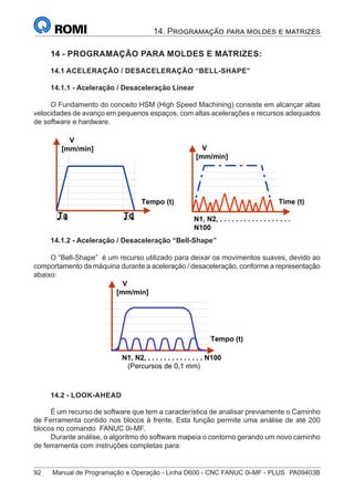92	 Manual de Programação e Operação - Linha D600 - CNC FANUC 0i-MF - PLUS	 PA09403B
14. Programação para moldes e matrizes
14 - PROGRAMAÇÃO PARA MOLDES E MATRIZES:
14.1 ACELERAÇÃO / DESACELERAÇÃO “BELL-SHAPE”
14.1.1 - Aceleração / Desaceleração Linear
O Fundamento do conceito HSM (High Speed Machining) consiste em alcançar altas
velocidades de avanço em pequenos espaços, com altas acelerações e recursos adequados
de software e hardware.
Ta Td
V
[mm/min]
Tempo (t) Time (t)
V
[mm/min]
N1, N2, . . . . . . . . . . . . . . . . . .
N100
14.1.2 - Aceleração / Desaceleração “Bell-Shape”
O “Bell-Shape” é um recurso utilizado para deixar os movimentos suaves, devido ao
comportamento da máquina durante a aceleração / desaceleração, conforme a representação
abaixo:
Tempo (t)
V
[mm/min]
N1, N2, . . . . . . . . . . . . . . N100
(Percursos de 0,1 mm)
14.2 - LOOK-AHEAD
É um recurso de software que tem a característica de analisar previamente o Caminho
de Ferramenta contido nos blocos à frente. Esta função permite uma análise de até 200
blocos no comando FANUC 0i-MF.
Durante análise, o algoritmo do software mapeia o contorno gerando um novo caminho
de ferramenta com instruções completas para:
 