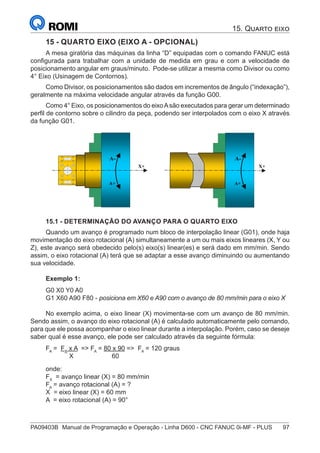 PA09403B	 Manual de Programação e Operação - Linha D600 - CNC FANUC 0i-MF - PLUS	 97
15. Quarto eixo
15 - QUARTO EIXO (EIXO A - OPCIONAL)
A mesa giratória das máquinas da linha “D” equipadas com o comando FANUC está
configurada para trabalhar com a unidade de medida em grau e com a velocidade de
posicionamento angular em graus/minuto. Pode-se utilizar a mesma como Divisor ou como
4° Eixo (Usinagem de Contornos).
Como Divisor, os posicionamentos são dados em incrementos de ângulo (“indexação”),
geralmente na máxima velocidade angular através da função G00.
Como 4° Eixo, os posicionamentos do eixoAsão executados para gerar um determinado
perfil de contorno sobre o cilindro da peça, podendo ser interpolados com o eixo X através
da função G01.
X+
A-
A+
X+
A-
A+
15.1 - DETERMINAÇÃO DO AVANÇO PARA O QUARTO EIXO
Quando um avanço é programado num bloco de interpolação linear (G01), onde haja
movimentação do eixo rotacional (A) simultaneamente a um ou mais eixos lineares (X, Y ou
Z), este avanço será obedecido pelo(s) eixo(s) linear(es) e será dado em mm/min. Sendo
assim, o eixo rotacional (A) terá que se adaptar a esse avanço diminuindo ou aumentando
sua velocidade.
Exemplo 1:
G0 X0 Y0 A0
G1 X60 A90 F80 - posiciona em X60 e A90 com o avanço de 80 mm/min para o eixo X
No exemplo acima, o eixo linear (X) movimenta-se com um avanço de 80 mm/min.
Sendo assim, o avanço do eixo rotacional (A) é calculado automaticamente pelo comando,
para que ele possa acompanhar o eixo linear durante a interpolação. Porém, caso se deseje
saber qual é esse avanço, ele pode ser calculado através da seguinte fórmula:
FA
= FX
x A => FA
= 80 x 90 => FA
= 120 graus
		 X 	 60
onde:
FX
= avanço linear (X) = 80 mm/min
FA
= avanço rotacional (A) = ?
X = eixo linear (X) = 60 mm
A = eixo rotacional (A) = 90°
 
