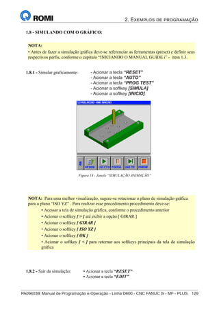 2. Exemplos de programação
PA09403B	Manual de Programação e Operação - Linha D600 - CNC FANUC 0i - MF - PLUS	 129
144
®
S43784D - Manual de Programação e Operação - CNC Fanuc 21i - MB
• Acionar a tecla “RESET”
• Acionar a tecla “EDIT”
1.8.2 - Sair da simulação:
• Acionar a tecla “RESET”
• Acionar a tecla “AUTO”
• Acionar o softkey [SIMULA]
• Acionar o softkey [INICIO]
1.8.1 - Simular graficamente:
Figura 14 - Janela “SIMULAÇÃO ANIMAÇÃO”
1.8 - SIMULANDO COM O GRÁFICO:
NOTA:
• Antes de fazer a simulação gráfica deve-se referenciar as ferramentas (preset) e definir seus
respectivos perfis, conforme o capítulo “INICIANDO O MANUAL GUIDE i” - item 1.3.
NOTA: Para uma melhor visualização, sugere-se rotacionar o plano de simulação gráfica
para o plano “ISO YZ” . Para realizar esse procedimento procedimento deve-se:
• Acessar a tela de simulação gráfica, conforme o procedimento anterior
• Acionar o softkey [ > ] até exibir a opção [ GIRAR ]
• Acionar o softkey [ GIRAR ]
• Acionar o softkey [ ISO YZ ]
• Acionar o softkey [ OK ]
• Acionar o softkey [ < ] para retornar aos softkeys principais da tela de simulação
gráfica
- Acionar a tecla “RESET”
- Acionar a tecla “AUTO”
- Acionar a tecla “PROG TEST”
- Acionar a softkey [SIMULA]
- Acionar a softkey [INICIO]
 