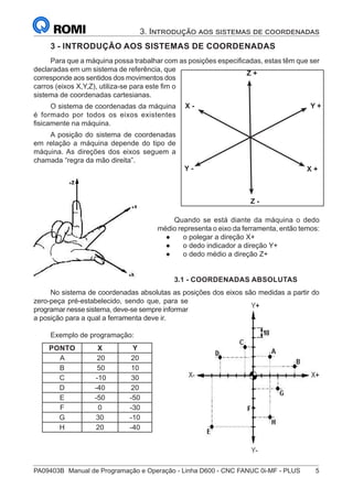 PA09403B	 Manual de Programação e Operação - Linha D600 - CNC FANUC 0i-MF - PLUS	 5
3. Introdução aos sistemas de coordenadas
3 - INTRODUÇÃO AOS SISTEMAS DE COORDENADAS
Para que a máquina possa trabalhar com as posições especificadas, estas têm que ser
declaradas em um sistema de referência, que
corresponde aos sentidos dos movimentos dos
carros (eixos X,Y,Z), utiliza-se para este fim o
sistema de coordenadas cartesianas.
O sistema de coordenadas da máquina
é formado por todos os eixos existentes
fisicamente na máquina.
A posição do sistema de coordenadas
em relação a máquina depende do tipo de
máquina. As direções dos eixos seguem a
chamada “regra da mão direita”.
Quando se está diante da máquina o dedo
médio representa o eixo da ferramenta, então temos:
●
● o polegar a direção X+
●
● o dedo indicador a direção Y+
●
● o dedo médio a direção Z+
3.1 - COORDENADAS ABSOLUTAS
No sistema de coordenadas absolutas as posições dos eixos são medidas a partir do
zero-peça pré-estabelecido, sendo que, para se
programar nesse sistema, deve-se sempre informar
a posição para a qual a ferramenta deve ir.
Exemplo de programação:
PONTO X Y
A 20 20
B 50 10
C -10 30
D -40 20
E -50 -50
F 0 -30
G 30 -10
H 20 -40
X +
X - Y +
Y -
Z +
Z -
 