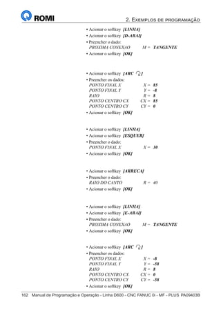 2. Exemplos de programação
162	 Manual de Programação e Operação - Linha D600 - CNC FANUC 0i - MF - PLUS	PA09403B
177
®
S43784D - Manual de Programação e Operação - CNC Fanuc 21i - MB
• Acionar o softkey [LINHA]
• Acionar o softkey [D-ABAI]
• Preencher o dado:
PROXIMA CONEXAO M = TANGENTE
• Acionar o softkey [OK]
• Acionar o softkey [ARC ]
• Preencher os dados:
PONTO FINAL X X = 85
PONTO FINAL Y Y = -8
RAIO R = 8
PONTO CENTRO CX CX = 85
PONTO CENTRO CY CY = 0
• Acionar o softkey [OK]
• Acionar o softkey [ARRECA]
• Preencher o dado:
RAIO DO CANTO R = 40
• Acionar o softkey [OK]
• Acionar o softkey [LINHA]
• Acionar o softkey [E-ABAI]
• Preencher o dado:
PROXIMA CONEXAO M = TANGENTE
• Acionar o softkey [OK]
• Acionar o softkey [ARC ]
• Preencher os dados:
PONTO FINAL X X = -8
PONTO FINAL Y Y = -58
RAIO R = 8
PONTO CENTRO CX CX = 0
PONTO CENTRO CY CY = -58
• Acionar o softkey [OK]
• Acionar o softkey [LINHA]
• Acionar o softkey [ESQUER]
• Preencher o dado:
PONTO FINAL X X = 30
• Acionar o softkey [OK]
 