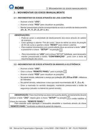 188	 Manual de Programação e Operação - Linha D600 - CNC FANUC 0i - MF - PLUS	PA09403B
3 - MOVIMENTAR OS EIXOS MANUALMENTE
3.1 - MOVIMENTAR OS EIXOS ATRAVÉS DO JOG CONTÍNUO
–
– Acionar a tecla “JOG”.
–
– Acionar a tecla “POS” para visualizar as posições.
–
– Manter pressionada a tecla correspondente ao eixo e sentido de deslocamento
(X+, X-, Y+, Y-, Z+, Z-, A+ ou A-).
OBSERVAÇÕES:
–
– Pode-se variar a velocidade de deslocamento dos eixos através do seletor
de avanços.
–
– Caso apareça o alarme “Fim de curso:” deve-se retirar os eixos da posição
de fim de curso e apertar a tecla “RESET” para retirar o alarme.
–
– Para realizar movimentos com a porta aberta deve-se acionar a tecla “JOG”
e posicionar a chave “SETUP” na posição I .
–
– Para movimentar via “JOG” com a chave “SETUP” habilitada, será necessário
manter pressionado a botão “CONFIRMAÇÃO” junto com a tecla de
movimentação dos eixos.
3.2 - MOVIMENTAR OS EIXOS ATRAVÉS DA MANIVELA ELETRÔNICA
–
– Acionar a tecla “JOG”.
–
– Girar a chave “REMOTE PANEL” para a posição I .
–
– Acionar a tecla “POS” para visualizar as posições.
–
– No painel remoto, selecionar o avanço por pulsação (X1, X10 ou X100 - milésimos
de milímetro)
–
– No painel remoto, selecionar o eixo que será movimentado (X, Y , Z ou A).
–
– Girar a manivela no sentido desejado, mantendo pressionado o botão de
segurança (situado na lateral do painel remoto).
OBSERVAÇÃO: Para movimentar os eixos com a porta aberta, primeiramente deverá
acionar a tecla “JOG”, depois girar a chave “SETUP” na posição I e então habilitar a
chave da manivela “REMOTE PANEL”.
Para executar outra operação é necessário desabilitar a manilvela através da chave
“REMOTE PANEL” localizada na lateral do painel da máquina..
3. Movimentar os eixos manualmente
 