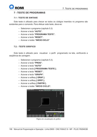 196	 Manual de Programação e Operação - Linha D600 - CNC FANUC 0i - MF - PLUS	PA09403B
7 - TESTE DE PROGRAMAS
7.1 - TESTE DE SINTAXE
Este teste é utilizado para checar se todos os códigos inseridos no programa são
existentes para o comando. Para efetuar este teste, deve-se:
–
– Selecionar o programa (capítulo 5.3)
–
– Acionar a tecla “AUTO”.
–
– Acionar a tecla “PROGRAMA TESTE”.
–
– Acionar a tecla “RESET”.
–
– Acionar o botão “INÍCIO CICLO”
7.2. - TESTE GRÁFICO
Este teste é utilizado para visualizar o perfil programado na tela, verificando a
seqüência de usinagem.
–
– Selecionar o programa (capítulo 5.3).
–
– Acionar a tecla “PROG”.
–
– Acionar a tecla “AUTO”
–
– Acionar a tecla [ PROGRAMA TESTE ].
–
– Acionar a tecla “RESET” .
–
– Acionar a tecla “GRAPH”.
–
– Acionar a softkey [ GRAF ].
–
– Acionar a softkey [ OPRT ].
–
– Acionar a softkey [ PARTIR ].
–
– Acionar o botão “INÍCIO CICLO”.
			
Página de vizualização do gráfico
7. Teste de programas
 