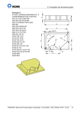 PA09403B	 Manual de Programação e Operação - Linha D600 - CNC FANUC 0i-MF - PLUS	 15
5. Funções de Interpolação
Exemplo 3:
O1000 (ARREDONDAMENTO E
CHANFRAMENTO DE CANTOS)
N10 G17 G21 G90 G94
N20 G53 G0 Z0 H0 M5
N30 T2 (FRESA TOPO D20)
N40 M6
N50 G54 S2500 M3
N60 G0 X-20 Y-20
N70 G43 H2 D2 Z5
N80 G1 Z-15 F750
N90 G41 X0 Y0
N100 Y50 ,C10
N110 X75 ,R10
N120 Y23 ,R10
N130 X50 Y0 ,R7
N140 X35 ,R4
N150 G3 X15 R10 ,R4
N160 G1 X0
N170 G40 G1 X-20 Y-20
N180 G53 G0 Z0 H0 M5
N190 M36
N200 M30
23
R10
10
1
0
R
R
1
0
25
75
50
50
4
R
7
R
10x45º
1
4
,
1
4
20
85
15
 