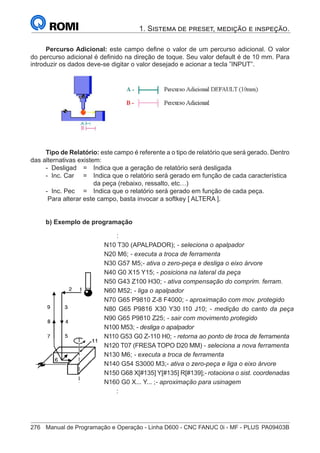 276	 Manual de Programação e Operação - Linha D600 - CNC FANUC 0i - MF - PLUS	PA09403B
1. Sistema de preset, medição e inspeção.
Percurso Adicional: este campo define o valor de um percurso adicional. O valor
do percurso adicional é definido na direção de toque. Seu valor default é de 10 mm. Para
introduzir os dados deve-se digitar o valor desejado e acionar a tecla ”INPUT”.
Tipo de Relatório: este campo é referente a o tipo de relatório que será gerado. Dentro
das alternativas existem:
- Desligad 	 = 	 Indica que a geração de relatório será desligada
- Inc. Car 	 = 	 Indica que o relatório será gerado em função de cada característica
		 da peça (rebaixo, ressalto, etc…)
- Inc. Pec	 = 	 Indica que o relatório será gerado em função de cada peça.
Para alterar este campo, basta invocar a softkey [ ALTERA ].
b) Exemplo de programação
		 :
	
N10 T30 (APALPADOR); - seleciona o apalpador
	
N20 M6; - executa a troca de ferramenta
	
N30 G57 M5;- ativa o zero-peça e desliga o eixo árvore
	
N40 G0 X15 Y15; - posiciona na lateral da peça
	
N50 G43 Z100 H30; - ativa compensação do comprim. ferram.
N60 M52; - liga o apalpador
	
N70 G65 P9810 Z-8 F4000; - aproximação com mov. protegido
	
N80 G65 P9816 X30 Y30 I10 J10; - medição do canto da peça	
	
N90 G65 P9810 Z25; - sair com movimento protegido
	
N100 M53; - desliga o apalpador
	
N110 G53 G0 Z-110 H0; - retorna ao ponto de troca de ferramenta
	
N120 T07 (FRESA TOPO D20 MM) - seleciona a nova ferramenta
	
N130 M6; - executa a troca de ferramenta
	
N140 G54 S3000 M3;- ativa o zero-peça e liga o eixo árvore
	
N150 G68 X[#135] Y[#135] R[#139];- rotaciona o sist. coordenadas
	
N160 G0 X... Y... ;- aproximação para usinagem
		 :
 