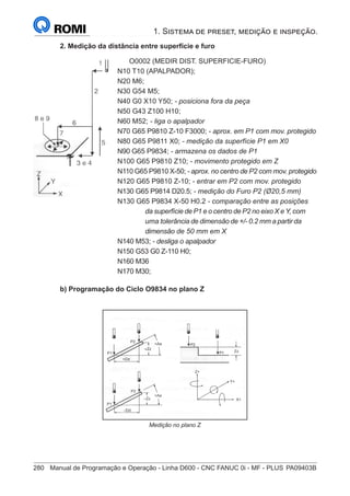 280	 Manual de Programação e Operação - Linha D600 - CNC FANUC 0i - MF - PLUS	PA09403B
1. Sistema de preset, medição e inspeção.
2. Medição da distância entre superfície e furo
		O0002 (MEDIR DIST. SUPERFICIE-FURO)
	
N10 T10 (APALPADOR);
	
N20 M6;
	
N30 G54 M5;
	
N40 G0 X10 Y50; - posiciona fora da peça
	
N50 G43 Z100 H10;
N60 M52; - liga o apalpador
	
N70 G65 P9810 Z-10 F3000; - aprox. em P1 com mov. protegido
N80 G65 P9811 X0; - medição da superfície P1 em X0
	
N90 G65 P9834; - armazena os dados de P1
	
N100 G65 P9810 Z10; - movimento protegido em Z
	
N110 G65 P9810 X-50; - aprox. no centro de P2 com mov. protegido
	
N120 G65 P9810 Z-10; - entrar em P2 com mov. protegido
	
N130 G65 P9814 D20.5; - medição do Furo P2 (Ø20,5 mm)
	
N130 G65 P9834 X-50 H0.2 - comparação entre as posições
			 da superfície de P1 e o centro de P2 no eixo X eY, com 	
			 uma tolerância de dimensão de +/- 0.2 mm a partir da 	
			 dimensão de 50 mm em X
	
N140 M53; - desliga o apalpador
	
N150 G53 G0 Z-110 H0;
N160 M36
	
N170 M30;
b) Programação do Ciclo O9834 no plano Z
Medição no plano Z
 
