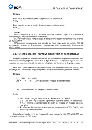 PA09403B	 Manual de Programação e Operação - Linha D600 - CNC FANUC 0i-MF - PLUS	 19
6. Funções de Compensação
Sintaxe:
Para ativar a compensação do comprimento da ferramenta:
G43 Z__ H__
Para cancelar a compensação do comprimento da ferramenta:
G49 Z__
NOTAS:
1) Nas máquinas Romi D600, somente deve ser usado o código G43 para ativar a
compensação de comprimento de ferramenta.
2) O cancelamento da compensação de comprimento poderá também ser feita através
da função H00.
3) Para que a compensação seja ativada, um bloco deve conter as funções G43, H
e um posicionamento em Z, para que o comando execute a compensação durante esse
deslocamento.
6.3 - FUNÇÕES G68 / G69 - ROTAÇÃO DO SISTEMA DE COORDENADAS
Um perfil programado pode ser rotacionado. O uso desta função, possibilita que haja uma
modificação em um programa utilizando o código de rotação, sempre que a peça tiver sido
colocada em algum ângulo rotacionado em relação ao perfil previamente programado.
Além disso, quando existir um perfil que deva ser rotacionado várias vezes, o tempo para
elaboração e o tamanho do programa podem ser reduzidos em função desse recurso.
Sintaxe:
G___ (G17, G18 ou G19)
G68 X___ Y___ R___ - Ativa Sistema de rotação de coordenadas
.
.
.
G69 - Cancela sistema de rotação de coordenadas
Onde:
–
– G68 - Ativa a rotação do sistema de coordenadas de trabalho
–
– G17 ( G18 ou G19 ) - Seleciona o plano que contém o perfil a ser rotacionado
–
– X Y Z - Informa as coordenadas do centro de rotação em relação ao ponto
zero ativo.
–
– R - Informa o ângulo de rotação a partir da linha positiva de X ( + Direção anti-
horária ) ( - Direção horária )
O ângulo de rotação pode ser programado num campo de -360.000 a 360.000 com
incremento mínimo de .001 graus.
 