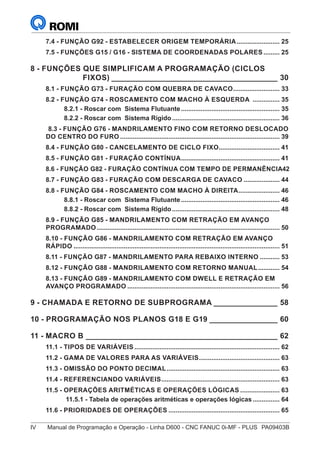 IV	 Manual de Programação e Operação - Linha D600 - CNC FANUC 0i-MF - PLUS	 PA09403B
7.4 - FUNÇÃO G92 - ESTABELECER ORIGEM TEMPORÁRIA......................... 25
7.5 - FUNÇÕES G15 / G16 - SISTEMA DE COORDENADAS POLARES.......... 25
8 - FUNÇÕES QUE SIMPLIFICAM A PROGRAMAÇÃO (CICLOS
FIXOS)________________________________________ 30
8.1 - FUNÇÃO G73 - FURAÇÃO COM QUEBRA DE CAVACO........................... 33
8.2 - FUNÇÃO G74 - ROSCAMENTO COM MACHO À ESQUERDA ................ 35
8.2.1 - Roscar com Sistema Flutuante........................................................ 35
8.2.2 - Roscar com Sistema Rígido............................................................. 36
.8.3 - FUNÇÃO G76 - MANDRILAMENTO FINO COM RETORNO DESLOCADO
DO CENTRO DO FURO.......................................................................................... 39
8.4 - FUNÇÃO G80 - CANCELAMENTO DE CICLO FIXO.................................. 41
8.5 - FUNÇÃO G81 - FURAÇÃO CONTÍNUA........................................................ 41
8.6 - FUNÇÃO G82 - FURAÇÃO CONTÍNUA COM TEMPO DE PERMANÊNCIA.42
8.7 - FUNÇÃO G83 - FURAÇÃO COM DESCARGA DE CAVACO..................... 44
8.8 - FUNÇÃO G84 - ROSCAMENTO COM MACHO À DIREITA........................ 46
8.8.1 - Roscar com Sistema Flutuante........................................................ 46
8.8.2 - Roscar com Sistema Rígido............................................................. 48
8.9 - FUNÇÃO G85 - MANDRILAMENTO COM RETRAÇÃO EM AVANÇO
PROGRAMADO....................................................................................................... 50
8.10 - FUNÇÃO G86 - MANDRILAMENTO COM RETRAÇÃO EM AVANÇO
RÁPIDO.................................................................................................................... 51
8.11 - FUNÇÃO G87 - MANDRILAMENTO PARA REBAIXO INTERNO............ 53
8.12 - FUNÇÃO G88 - MANDRILAMENTO COM RETORNO MANUAL............. 54
8.13 - FUNÇÃO G89 - MANDRILAMENTO COM DWELL E RETRAÇÃO EM
AVANÇO PROGRAMADO...................................................................................... 56
9 - CHAMADA E RETORNO DE SUBPROGRAMA________________ 58
10 - PROGRAMAÇÃO NOS PLANOS G18 E G19_________________ 60
11 - MACRO B______________________________________________ 62
11.1 - TIPOS DE VARIÁVEIS.................................................................................. 62
11.2 - GAMA DE VALORES PARA AS VARIÁVEIS.............................................. 63
11.3 - OMISSÃO DO PONTO DECIMAL................................................................ 63
11.4 - REFERENCIANDO VARIÁVEIS................................................................... 63
11.5 - OPERAÇÕES ARITMÉTICAS E OPERAÇÕES LÓGICAS....................... 63
11.5.1 - Tabela de operações aritméticas e operações lógicas................ 64
11.6 - PRIORIDADES DE OPERAÇÕES............................................................... 65
 