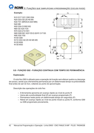 42	 Manual de Programação e Operação - Linha D600 - CNC FANUC 0i-MF - PLUS	 PA09403B
8. Funções que simplificam a programação (ciclos fixos)
Exemplo:
N10 G17 G21 G90 G94
N20 G53 G0 Z0 H0 M5
N30 T01 (BROCA D20 MM)
N40 M6
N50 G54 S1800 M3
N60 G0 X25 Y25
N70 G43 Z10 H01
N80 G99 G81 X25 Y25 Z-26 R1.5 F150
N90 X50 Y50
N100 G80
N110 G53 G0 Z0 H0 M5 M5
N120 M36
N130 M30
8.6 - FUNÇÃO G82 - FURAÇÃO CONTÍNUA COM TEMPO DE PERMANÊNCIA
Explanação:
O ciclo fixo G82 é utilizado para a operação de furação sem efetuar quebra ou descarga
de cavaco, sendo que a ferramenta permanece por um determinado tempo na profundidade
final antes de sair do furo, voltando ao ponto de aproximação.
Descrição das operações do ciclo fixo
–
– A ferramenta aproxima em avanço rápido ao nível do ponto R
–
– Usina até a profundidade final (Z) em avanço programado (F)
–
– Permanece neste ponto um determinado tempo em segundos (P)
–
– Retrai em avanço rápido ao nível do ponto inicial ou ponto R, conforme G99
ou G98 programado previamente.
 