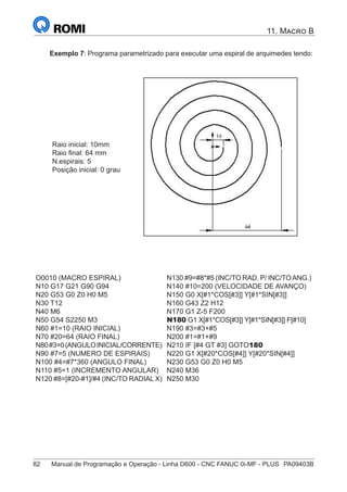 82	 Manual de Programação e Operação - Linha D600 - CNC FANUC 0i-MF - PLUS	 PA09403B
11. Macro B
Exemplo 7: Programa parametrizado para executar uma espiral de arquimedes tendo:
Raio inicial: 10mm
Raio final: 64 mm
N.espirais: 5
Posição inicial: 0 grau
O0010 (MACRO ESPIRAL)
N10 G17 G21 G90 G94
N20 G53 G0 Z0 H0 M5
N30 T12
N40 M6
N50 G54 S2250 M3
N60 #1=10 (RAIO INICIAL)
N70 #20=64 (RAIO FINAL)
N80#3=0(ANGULOINICIAL/CORRENTE)
N90 #7=5 (NUMERO DE ESPIRAIS)
N100 #4=#7*360 (ANGULO FINAL)
N110 #5=1 (INCREMENTO ANGULAR)
N120 #8=[#20-#1]/#4 (INC/TO RADIAL X)
N130 #9=#8*#5 (INC/TO RAD. P/ INC/TOANG.)
N140 #10=200 (VELOCIDADE DE AVANÇO)
N150 G0 X[#1*COS[#3]] Y[#1*SIN[#3]]
N160 G43 Z2 H12
N170 G1 Z-5 F200
N180 G1 X[#1*COS[#3]] Y[#1*SIN[#3]] F[#10]
N190 #3=#3+#5
N200 #1=#1+#9
N210 IF [#4 GT #3] GOTO180
N220 G1 X[#20*COS[#4]] Y[#20*SIN[#4]]
N230 G53 G0 Z0 H0 M5
N240 M36
N250 M30
 