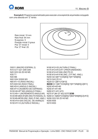 PA09403B	 Manual de Programação e Operação - Linha D600 - CNC FANUC 0i-MF - PLUS	 83
11. Macro B
Exemplo 8: Programa parametrizado para executar uma espiral de arquimedes conjugado
com uma descida em “Z” tendo:
Raio inicial: 10 mm
Raio final: 64 mm
N.espirais: 5
Posição inicial: 0 graus
Pos “Z” inicial: 0
Pos “Z” final: 25
O0011 (MACRO ESPIRAL 2)
N10 G17 G21 G90 G94
N20 G53 G0 Z0 H0 M5
N30 T1
N40 M6
N50 G54 S3500 M3
N60 #1=10 (RAIO INICIAL)
N70 #20=64 (RAIO FINAL)
N80 #3=0 (ANGULO INICIAL)
N90 #7=5 (NUMERO DE ESPIRAIS)
N100 #4=#7*360 (ANGULO FINAL)
N110 #5=1 (INCREMENTO ANGULAR)
N120 #8=[#20-#1]/#4 (INC/TO RADIAL X)
N130 #9=#8*#5 (INC. RAD. P/ INC.ANG.)
N140 #10=200 (VELOC. DE AVANÇO)
N150 #11=0 (ALTURA Z INICIAL)
N160 #12=25 (ALTURA Z FINAL)
N170 #13=#12-#11 (PROFUNDIDADE)
N180 #14=#13/#4 (INC/TO Z)
N190 #15=#14*#5 (INC. Z P/ INC. ANG.)
N200 G0 X[#1*COS[#3]] Y[#1*SIN[#3]]
N210 G43 Z2 H1
N220 G1 Z[#11] F[#10]
N230 G1 X[#1*COS[#3]] Y[#1*SIN[#3]] Z[#11]
N240 #3=#3+#5
N250 #1=#1+#9
N260 #11=#11-#15
N270 IF [#4 GT #3] GOTO230
N280 G1 X[#20*COS[#4]] Y[#20*SIN[#4]] Z[-#12]
N290 G53 G0 Z0 H0 M5
N300 M36
N310 M30
 