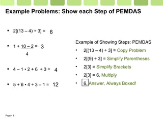 Example Problems: Show each Step of PEMDAS 2[(13 – 4) ÷ 3] = 1 +  10 – 2  =   4 4 – 1 • 2 + 6  ÷ 3 = 5 + 6 • 4 ÷ 3 – 1 = 6 3 4 12 Example of Showing Steps: PEMDAS 2[(13 – 4) ÷ 3] =  Copy Problem 2[(9) ÷ 3] =  Simplify Parentheses 2[3] =  Simplify Brackets 2[3] = 6,  Multiply 6,  Answer, Always Boxed! 