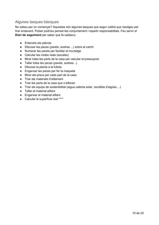 Algunes​​tasques​​bàsiques
No​ ​sabeu​ ​per​ ​on​ ​començar?​ ​Aquestes​ ​són​ ​algunes​ ​tasques​ ​que​ ​segur​ ​caldrà​ ​que​ ​resolgeu​ ​per
tirar​ ​endavant.​ ​Potser​ ​podríeu​ ​pensar-les​ ​conjuntament​ ​i​ ​repartir​ ​responsabiltats.​ ​Feu​ ​servir​ ​el
Diari​ ​de​ ​seguiment​​ ​per​ ​saber​ ​que​ ​fa​ ​cadascú.
● Entendre​ ​els​ ​plànols
● Dibuixar​ ​les​ ​peces​ ​(parets,​ ​sostres​ ​...)​ ​sobre​ ​el​ ​cartró
● Numerar​ ​les​ ​parets​ ​per​ ​facilitar​ ​el​ ​muntatge
● Calcular​ ​les​ ​mides​ ​reals​ ​(escales)
● Mirar​ ​totes​ ​les​ ​parts​ ​de​ ​la​ ​casa​ ​per​ ​calcular​ ​el​ ​pressupost
● Tallar​ ​totes​ ​les​ ​peces​ ​(parets,​ ​sostres...)
● Dibuixar​ ​la​ ​planta​ ​a​ ​la​ ​fullola
● Enganxar​ ​les​ ​peces​ ​per​ ​fer​ ​la​ ​maqueta
● Mirar​ ​els​ ​preus​ ​per​ ​cada​ ​part​ ​de​ ​la​ ​casa
● Triar​ ​els​ ​materials​ ​d’aïllament
● Triar​ ​les​ ​parts​ ​de​ ​la​ ​casa​ ​que​ ​s’aïllaran
● Triar​ ​els​ ​equips​ ​de​ ​sostenibilitat​ ​(aigua​ ​calenta​ ​solar,​ ​recollida​ ​d’aigües​ ​...)
● Tallar​ ​el​ ​material​ ​aïllant
● Enganxar​ ​el​ ​material​ ​aïllant
● Calcular​ ​la​ ​superfície​ ​real​ ​****
10​ ​de​ ​23
 