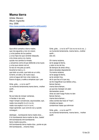 Macaco​​-​​Mama​​tierra
Mama​​tierra
Artista:​​Macaco
Àlbum:​​Ingravitto
Any:​​2006
https://www.youtube.com/watch?v=iZWryw2eFjI
Qué​​difícil​​cantarle​​a​​tierra​​madre,
que​​nos​​aguanta​​y​​nos​​vio​​crecer,
y​​a​​los​​padres​​de​​tus​​padres
y​​a​​tus​​hijos​​los​​que​​vendrán​​después,
si​​la​​miras​​como​​a​​tu​​mama
quizás​​nos​​cambie​​la​​mirada,
y​​actuemos​​como​​el​​que​​defiende​​a​​los​​tuyos
y​​a​​los​​que​​vienen​​con​​el,
la​​raiz​​en​​mis​​pies​​yo​​sentí,
levante​​la​​mano​​y​​ví,
que​​todo​​va​​unido,​​que​​todo​​es​​un​​ciclo,
la​​tierra,​​el​​cielo​​y​​de​​nuevo​​aquí,
como​​el​​agua​​del​​mar​​a​​las​​nubes​​va,
llueve​​el​​agua​​y​​vuelta​​a​​empezar,oye​​i​​yee
Grite,​​grite…​​o​​no​​lo​​ves??
va​​muriendo​​lentamente,mama​​tierra...mother
earth...
(bis)
No​​se​​trata​​de​​romper​​ventanas,
ni​​farolas​​ni​​de​​cara,
mejor​​romper​​conciencias..equivocadas..oye..
nadie​​nos​​enseñó​​ni​​a​​ti​​ni​​a​​mi,
nadie​​nos​​explicó​​ni​​a​​ti​​ni​​a​​mí,
mejor​​aprender,​​que​​corra​​la​​voz​​y​​quizás
conseguir..
(bbrbojer...​​bombeando​​tierra​​madre​​dice....
tr​​trr​​bombeando​​tierra​​madre​​te​​dice...basta!
trtrt​​bombeando​​trtrt​​bombeando
tierra​​madre​​escuche...
trtrt​​bombeando​​tierra​​madre​​dice...ponte​​en​​pie
trttr​​bombeando​​...mirame​​ihee)
Grite,​​grite…​​o​​no​​lo​​ve??​​(no​​no​​no​​no​​lo​​ve...)
va​​muriendo​​lentamente,​​mama​​tierra...mother
earth...
(bis​​x4)
Oh​​mama​​reclama,
se​​le​​apaga​​la​​llama,
y​​esto​​no​​es​​de​​hoy
de​​tiempos​​de​​atras​​oihoy..
decre​​decadas​​degradando
Ya​​mama​​reclama,
se​​le​​apaga​​la​​llama,
se​​la​​venden​​hoy,
de​​lo​​que​​fue​​a​​lo​​que​​soy,
se​​tre​​magnifican​​sus​​latidos​​uhoy..
llaman​​llaman..
mama​​tierra​​llaman..
ya​​que​​las​​manejan​​sin​​plan
demasiadas​​cavan
otras​​se​​caen​​luego​​frutos​​no​​dan
llaman​​llaman..
mama​​tierra​​llaman...
oidos​​sordos​​les​​hace​​el​​"man",
miradas​​se​​tapan,
contaminan​​hasta​​que​​eliminan
Grite,​​grite…​​o​​no​​lo​​ves???
va​​muriendo​​lentamente,​​mama​​tierra...​​mother
earth
13​ ​de​ ​23
 