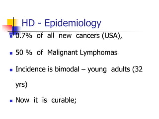 HD - Epidemiology
 0.7% of all new cancers (USA),
 50 % of Malignant Lymphomas
 Incidence is bimodal – young adults (32
yrs)
 Now it is curable;
 