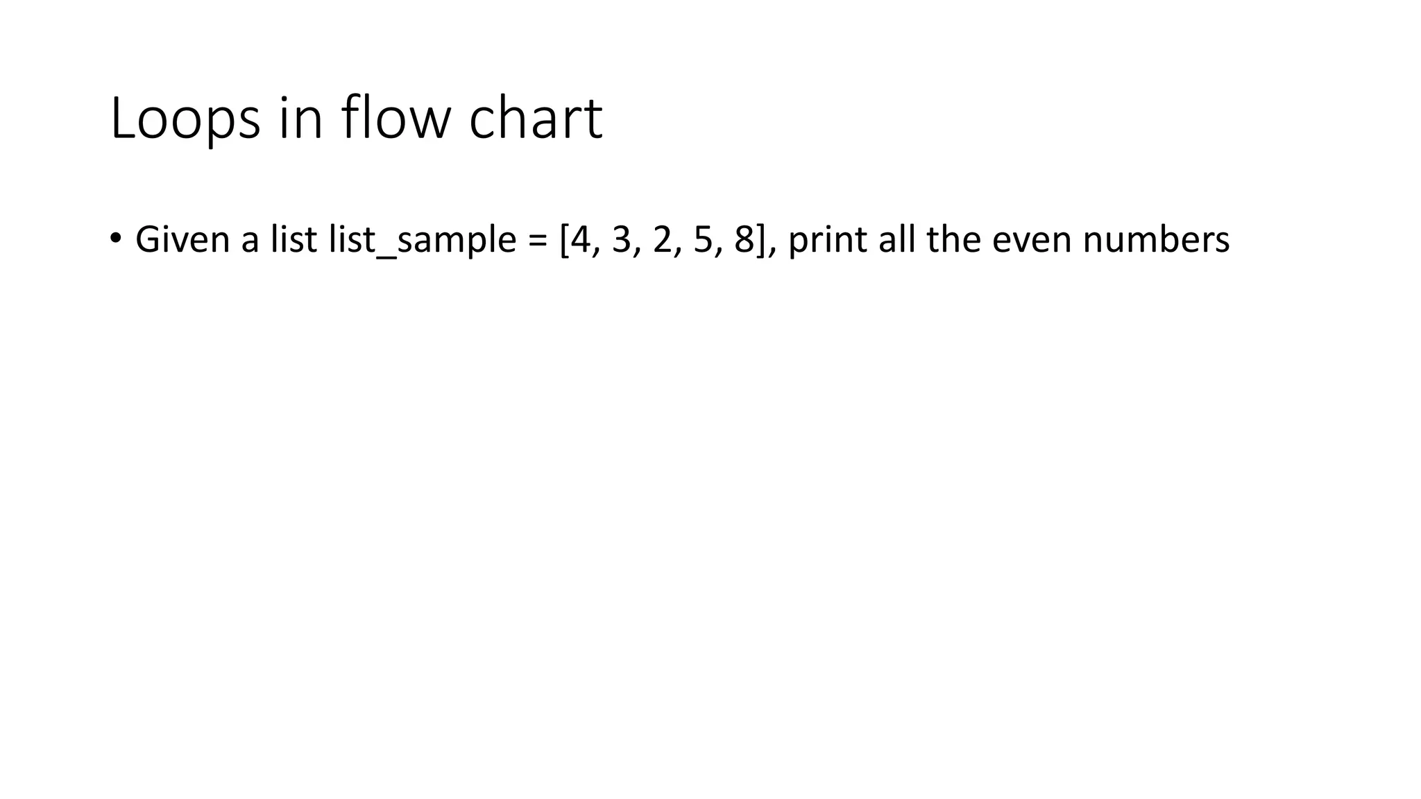 Loops in flow chart
• Given a list list_sample = [4, 3, 2, 5, 8], print all the even numbers
 