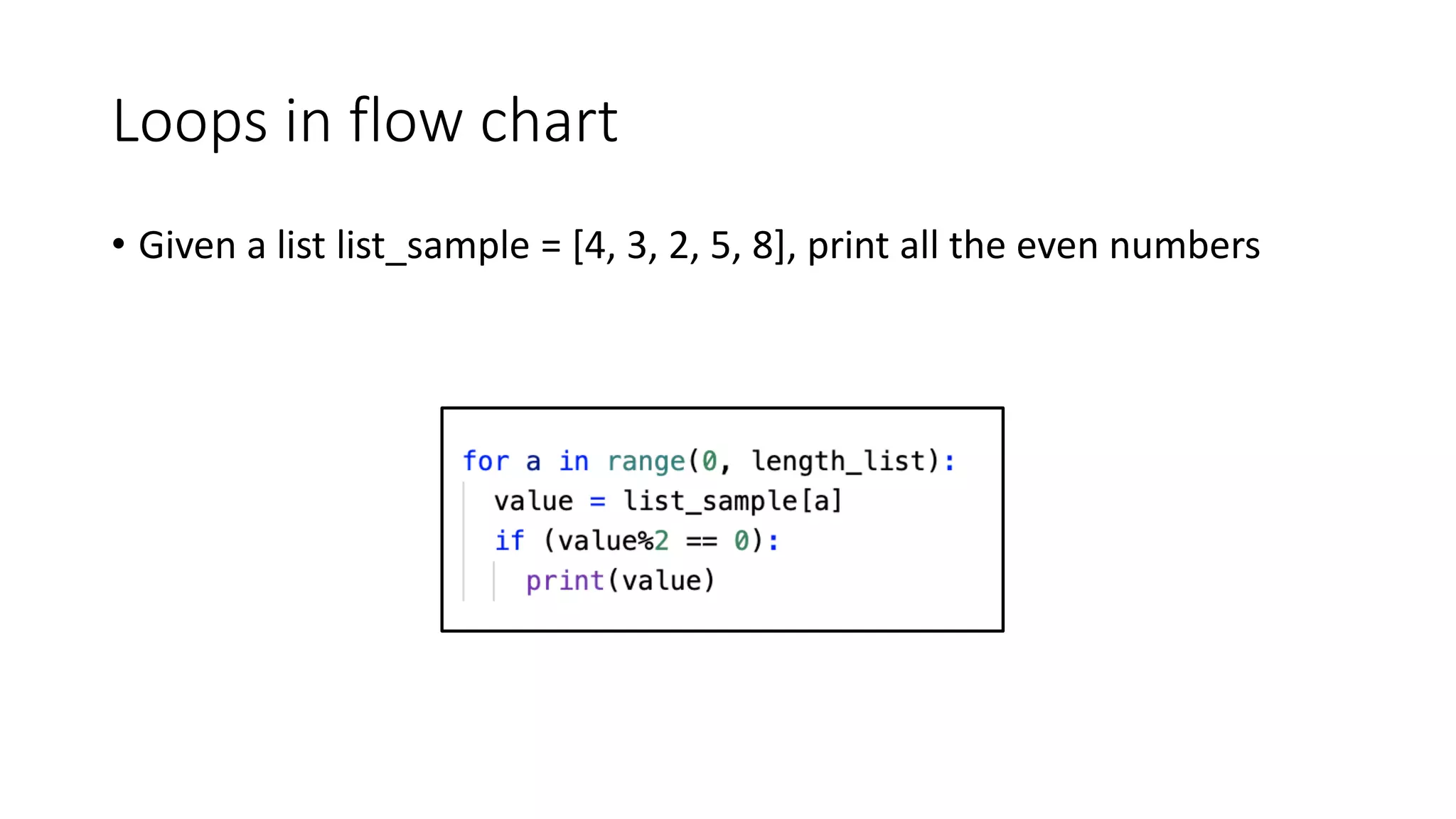 Loops in flow chart
• Given a list list_sample = [4, 3, 2, 5, 8], print all the even numbers
 